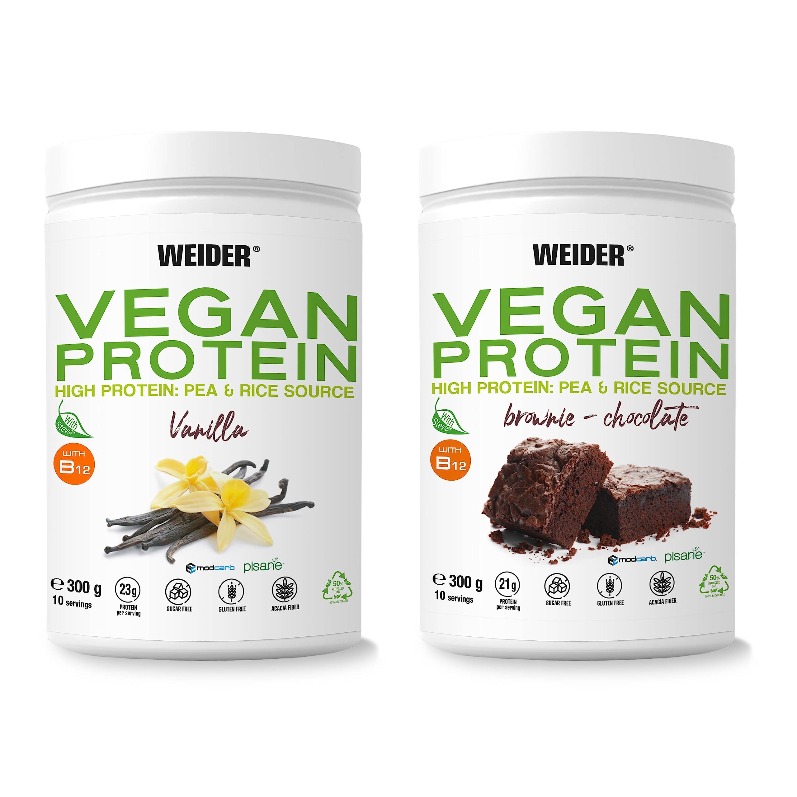 Weider Vegan Protein (750g) Sabor Vainilla. Proteína Vegana 23g/dosis Aislada Guisante (Pisane) y Arroz. Con Vitamina B12 y Stevia. Sin Gluten, Sin Azúcar. Bote 50% Reciclado, 100% Reciclable