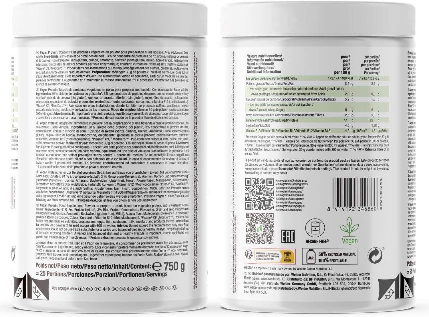 Weider Vegan Protein (750g) Sabor Vainilla. Proteína Vegana 23g/dosis Aislada Guisante (Pisane) y Arroz. Con Vitamina B12 y Stevia. Sin Gluten, Sin Azúcar. Bote 50% Reciclado, 100% Reciclable