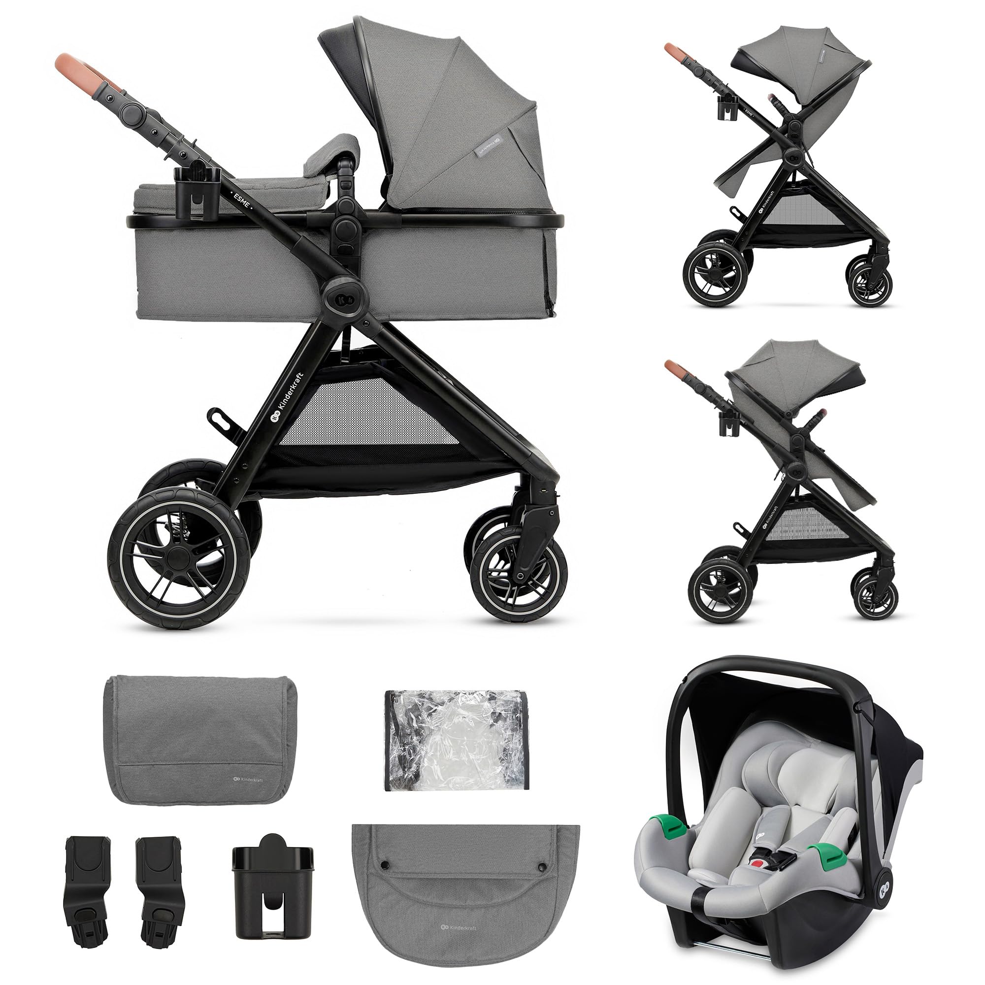 Kinderkraft ESME Cadeira de carro 3 em 1 conjunto, com porta-bebés Mink PRO I-Size, sistema de viagem, carrinho para bebé, carrinho, dobrável, para recém-nascido até 4 anos, preto