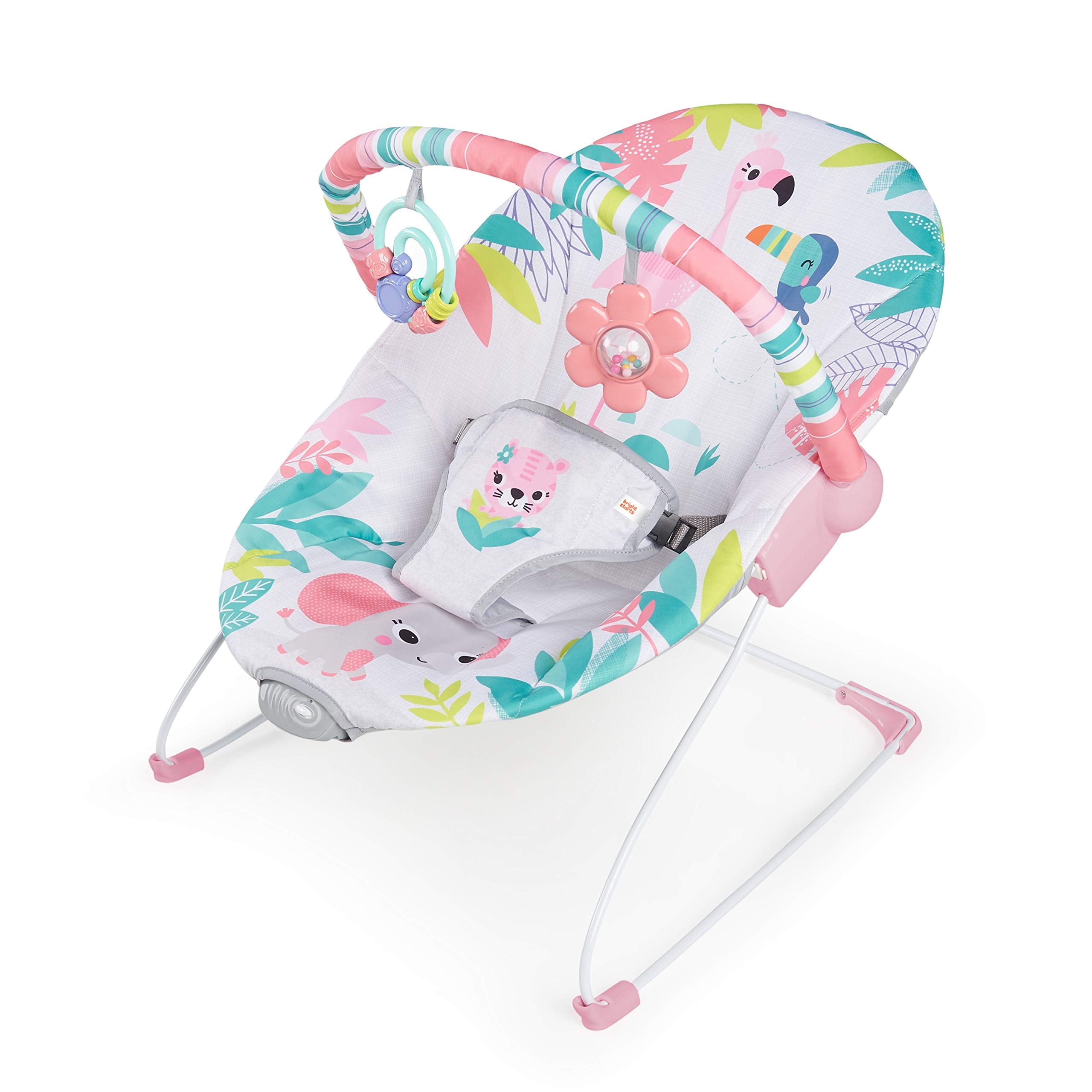 Bright Starts - Vibrador de assento infantil - barra de brinquedos removível, pés antiderrapantes, 0-6 meses a 9 kg (Safari Fun)