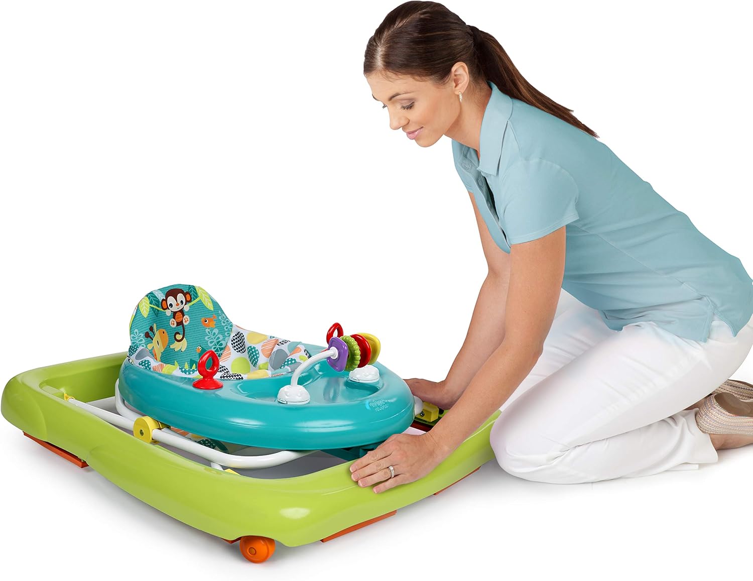 Bright Starts, Andador de primeiros passos dobrável para bebés Giggling Safari, brinquedo ábaco divertido e colorido, altura ajustável, assento removível, lavável na máquina, a partir dos 6 meses