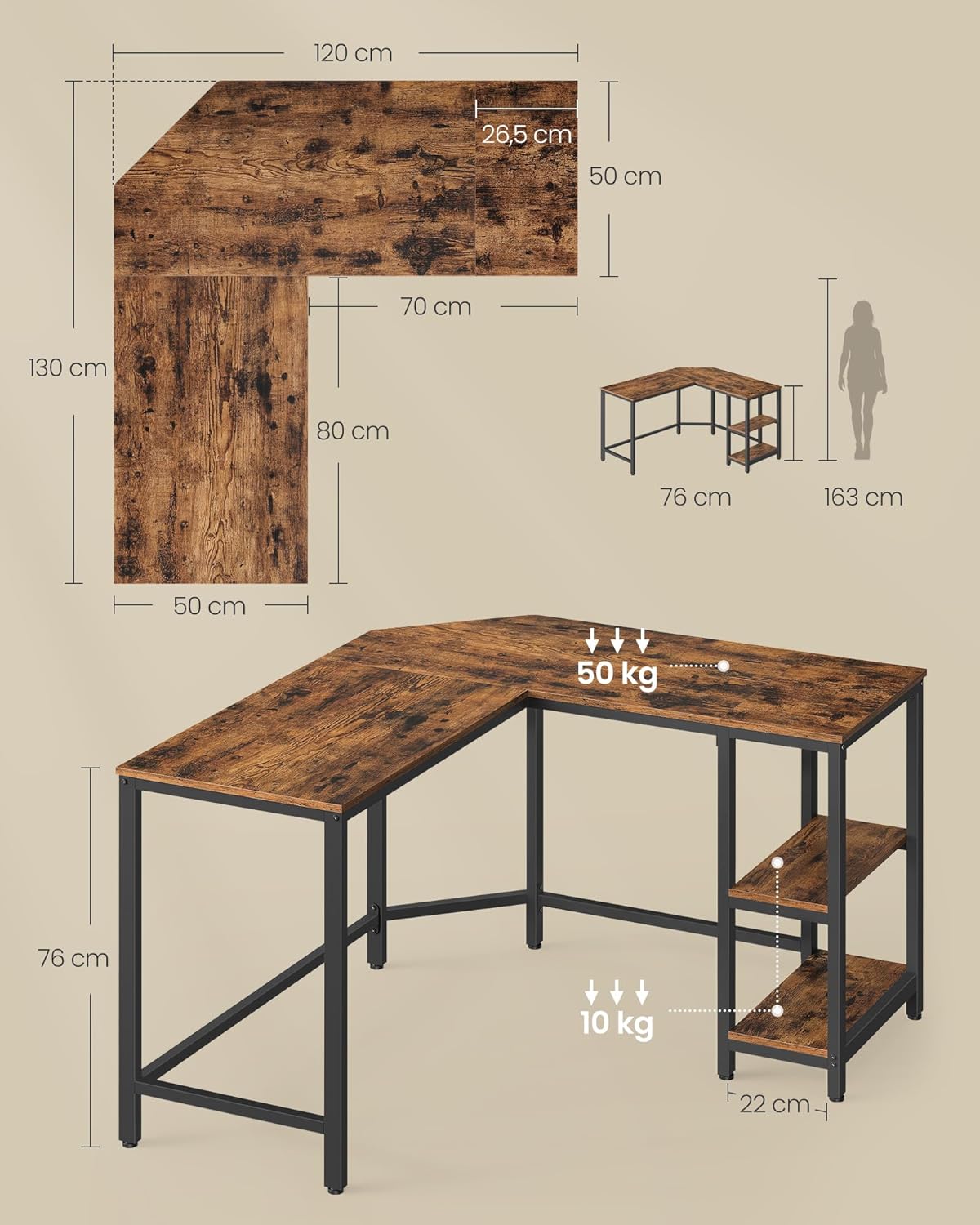 VASAGLE Secretária, mesa de computador em forma de L, 120 x 130 x 76 cm, esquina com 2 prateleiras, economiza espaço, para escritório casa, jogos, castanho rústico e preto tinta LWD123K01