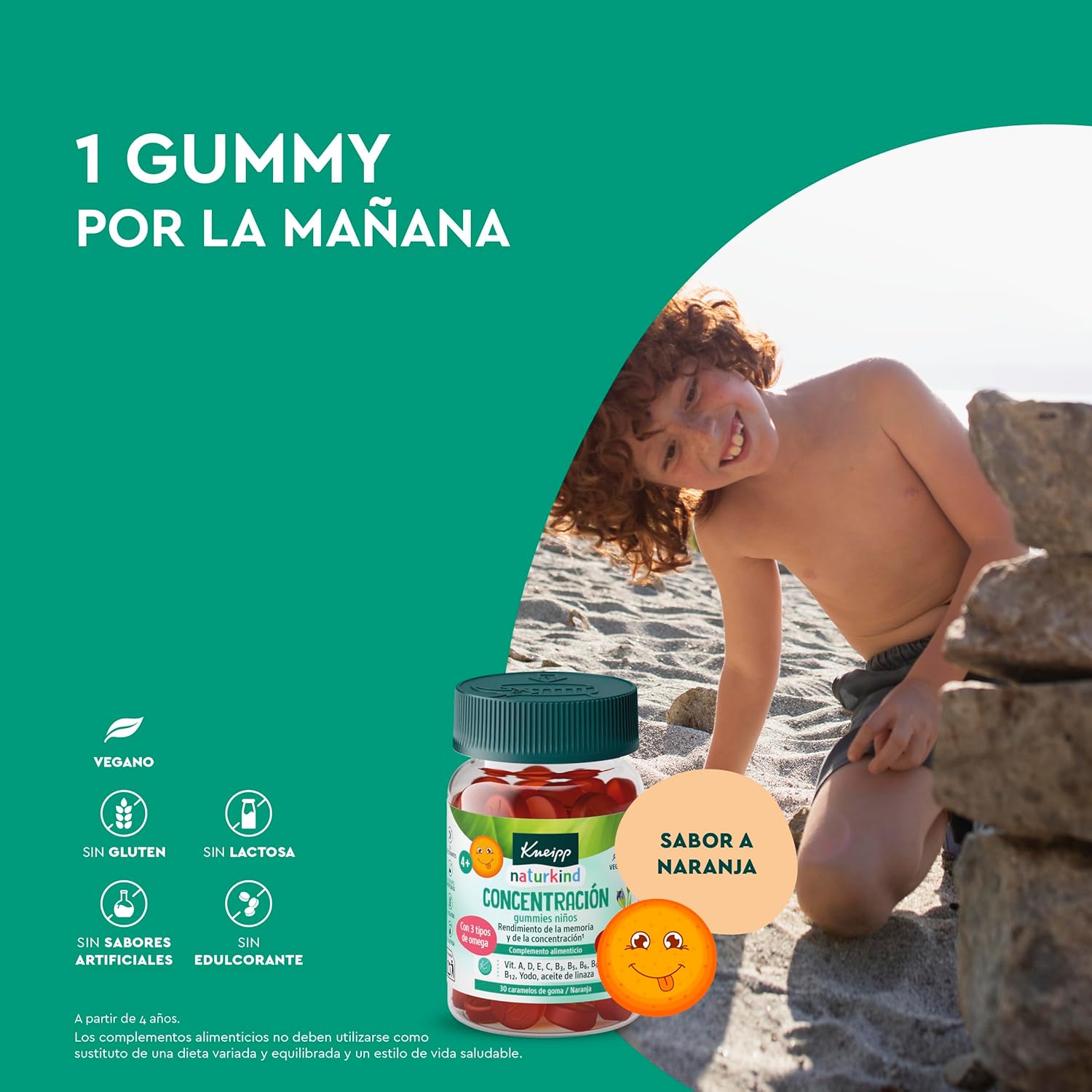Kneipp Gummies Concentração para crianças, vitaminas A, D, E, C B3, B5, B6, B12, ácido fólico, íodo, óleo de linhaça: Omega 3, 6 e 9, desempenho intelectual, sistema nervoso, sabor laranja, 30 Gomin.
