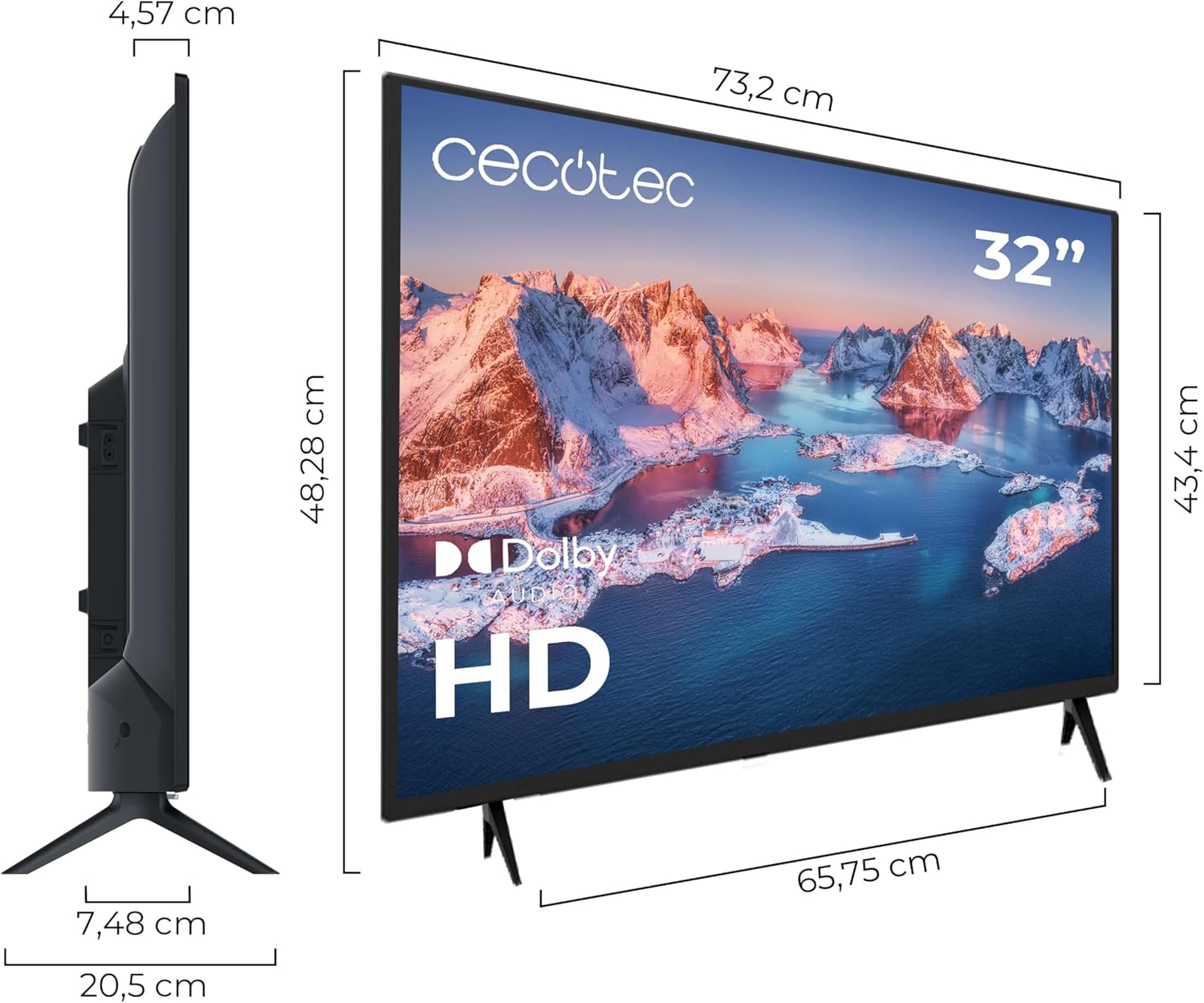 Cecotec TV, televisão LED de 32" 0 séries 032S. Ecrã de 32 polegadas, HD, resolução ideal de imagens e vídeos, sistema Dolby, memória flash, conectividade HDMI/USB, controlo remoto