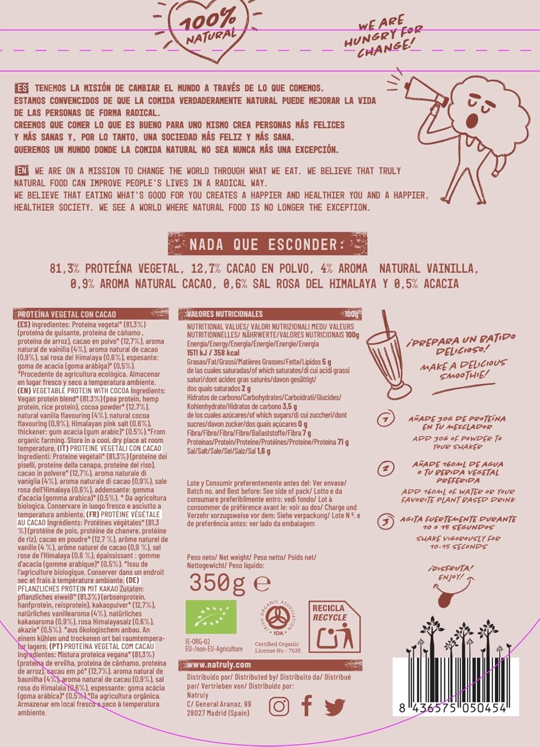 NATRULY Proteína Vegana BIO Chocolate, 81% Proteína, 100% Natural Sin Azúcar, Sin Gluten, Sin Lactosa, Sin Soja -350g