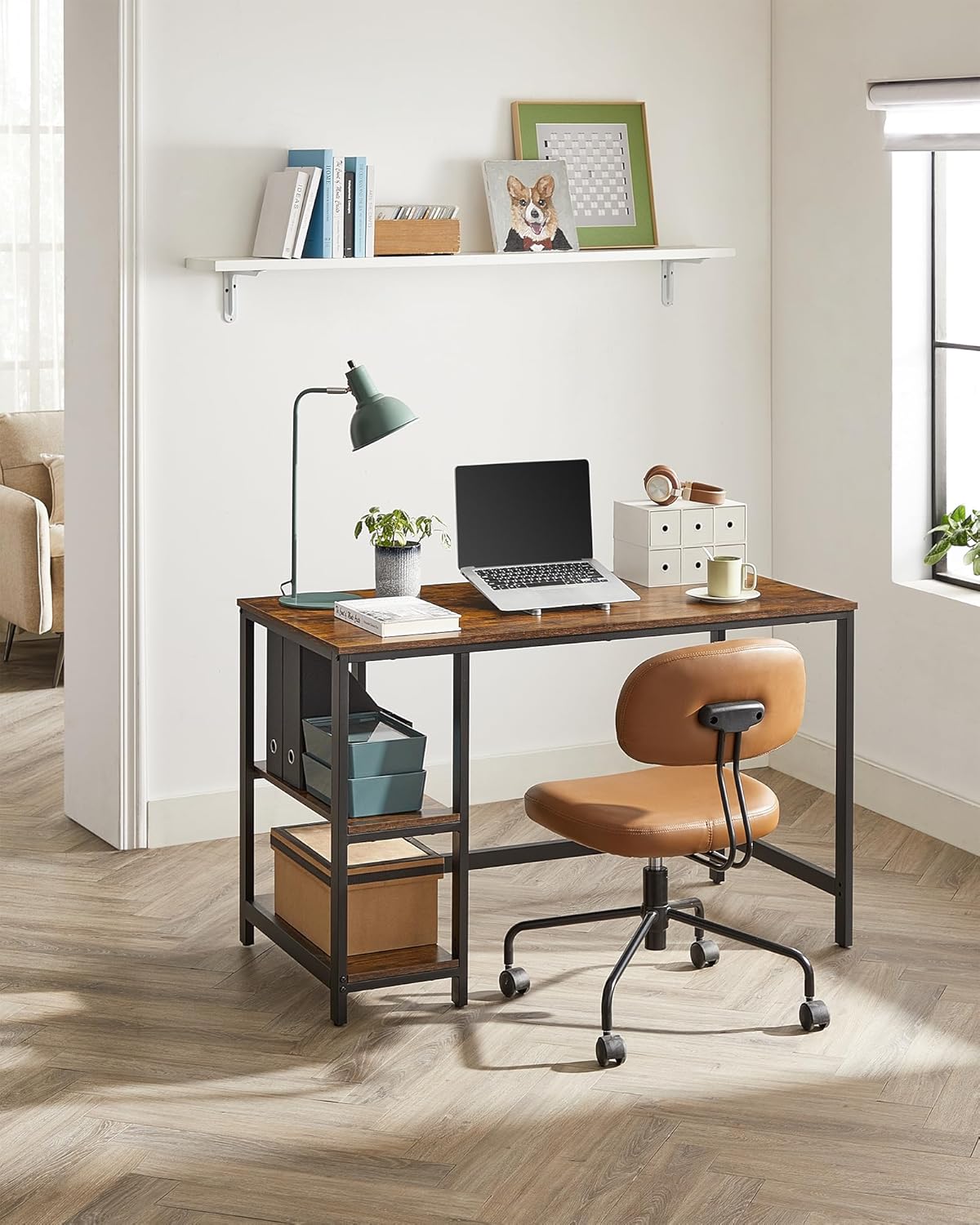 VASAGLE Secretária, mesa de computador, com 2 prateleiras à esquerda ou à direita, para escritório, quarto, estrutura de aço, industrial, castanho rústico e preto LWD47X