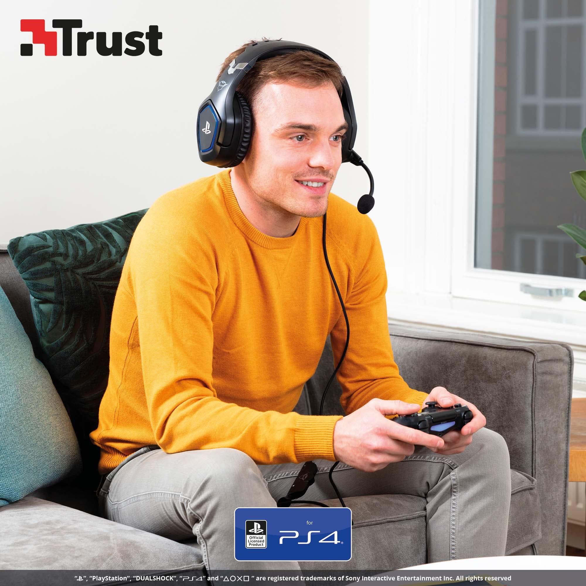 Auscultadores Trust Gaming para PS4 e PS5 GXT 488 Force, headset oficial licenciado para PlayStation, microfone dobrável, colunas ativas de 50 mm, cabo de nylon entrançado de 1,2 m, preto