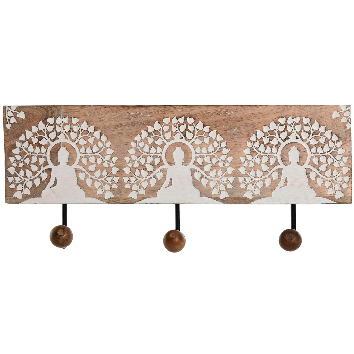 Bengaleiro de parede Home ESPRIT Branco Preto Natural Metal Madeira de mangueira Buda 38 x 5 x 16 cm