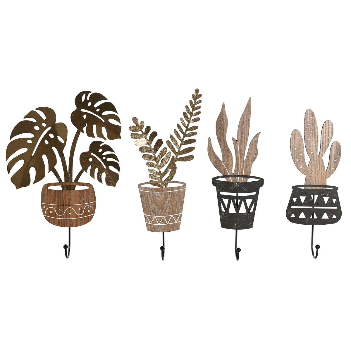 Bengaleiro de parede Home ESPRIT Natural Metal Madeira MDF 16 x 4 x 30 cm (4 Unidades)