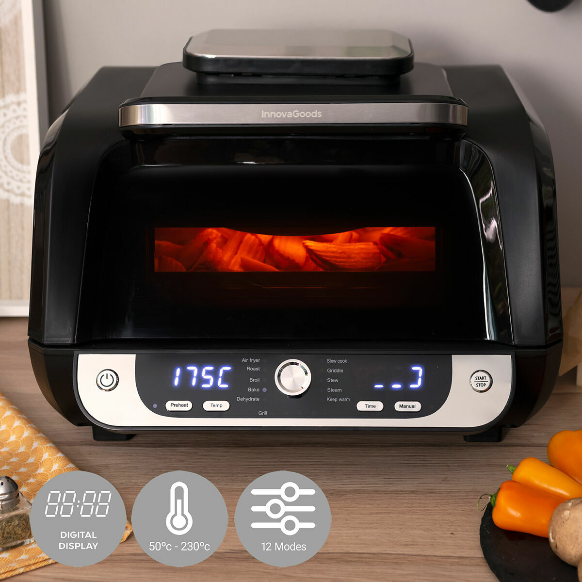 Fritadeira de Ar com Grill, Acessórios e Livro de Receitas InnovaGoods Fryinn 12-in-1 6000 Preto Aço 3400 W 6 L