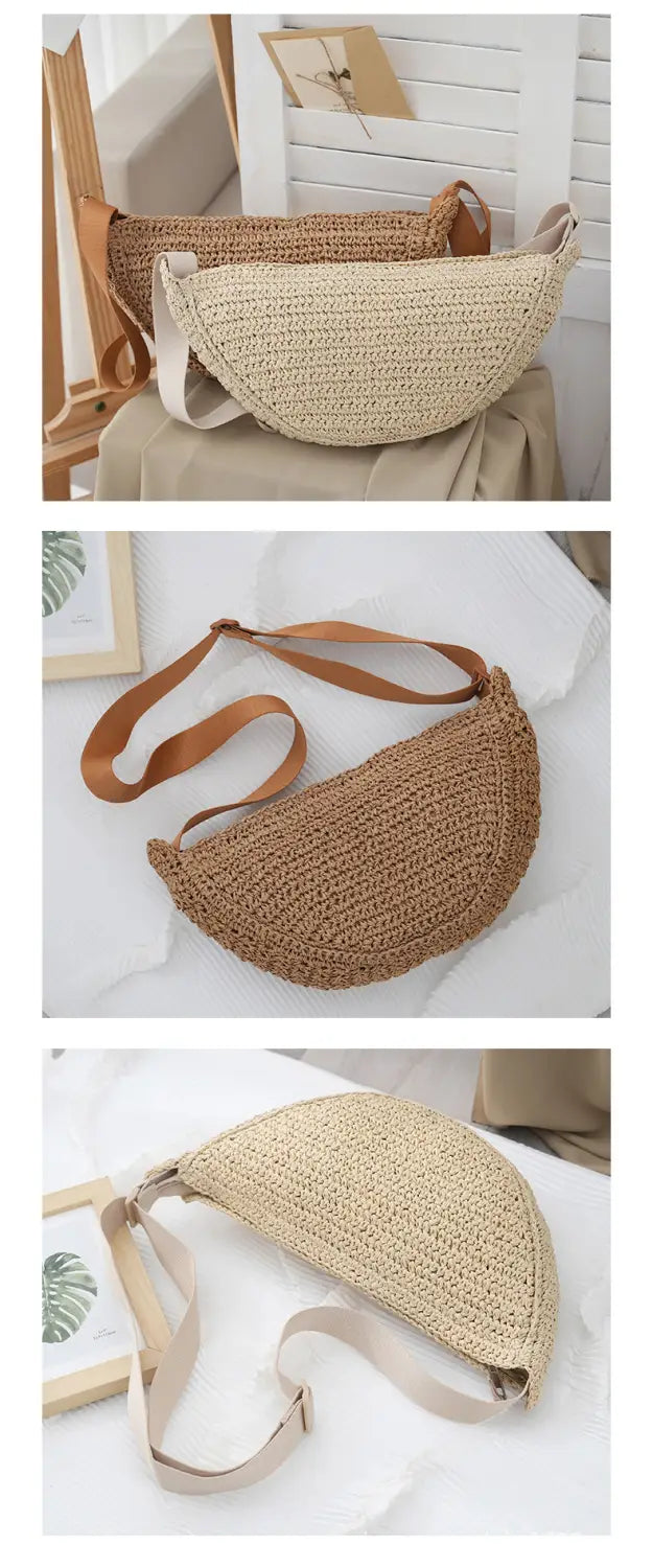 Bolsa desportiva a tiracolo feita à mão tipo bolinho respirável semicircular versátil bolsa de vime praia verão
