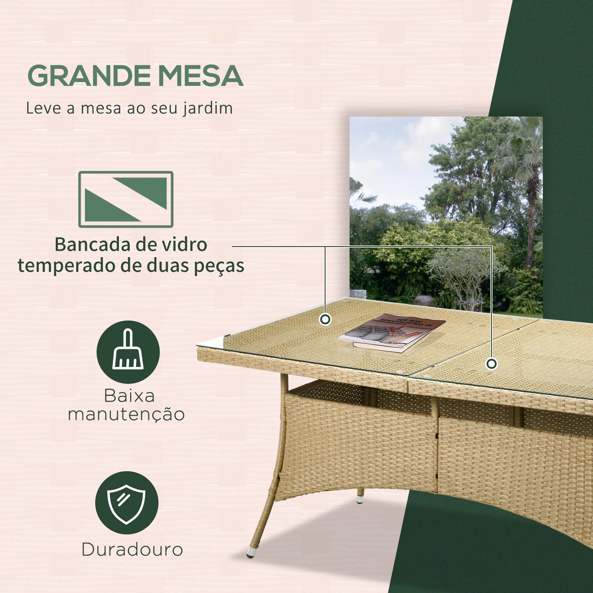 Conjunto de Jardim Refeição de Vime PE com 7 Peças Mesa com Bancada de Vidro e 6 Cadeiras Empilháveis Areia e Bege