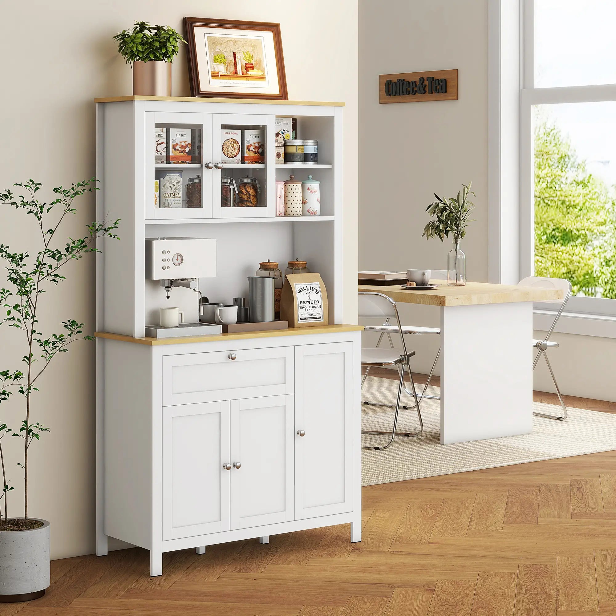 Armário de Cozinha com 5 Portas Prateleiras Ajustáveis Gaveta e Bancada para Micro-Ondas 100x40x180 cm Branco e Madeira