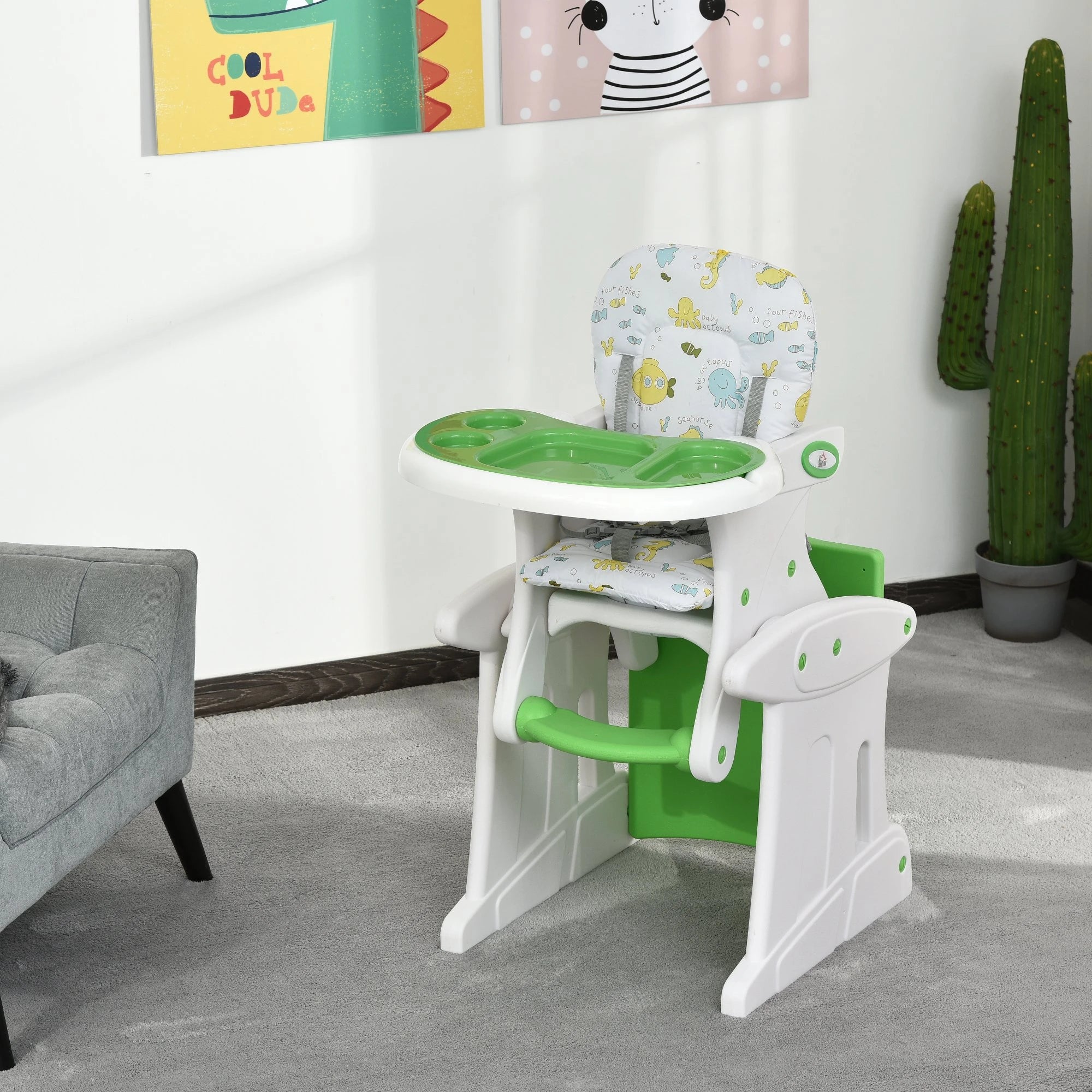 Cadeira para bebês 3 em 1 ajustável verde com mesa integrada