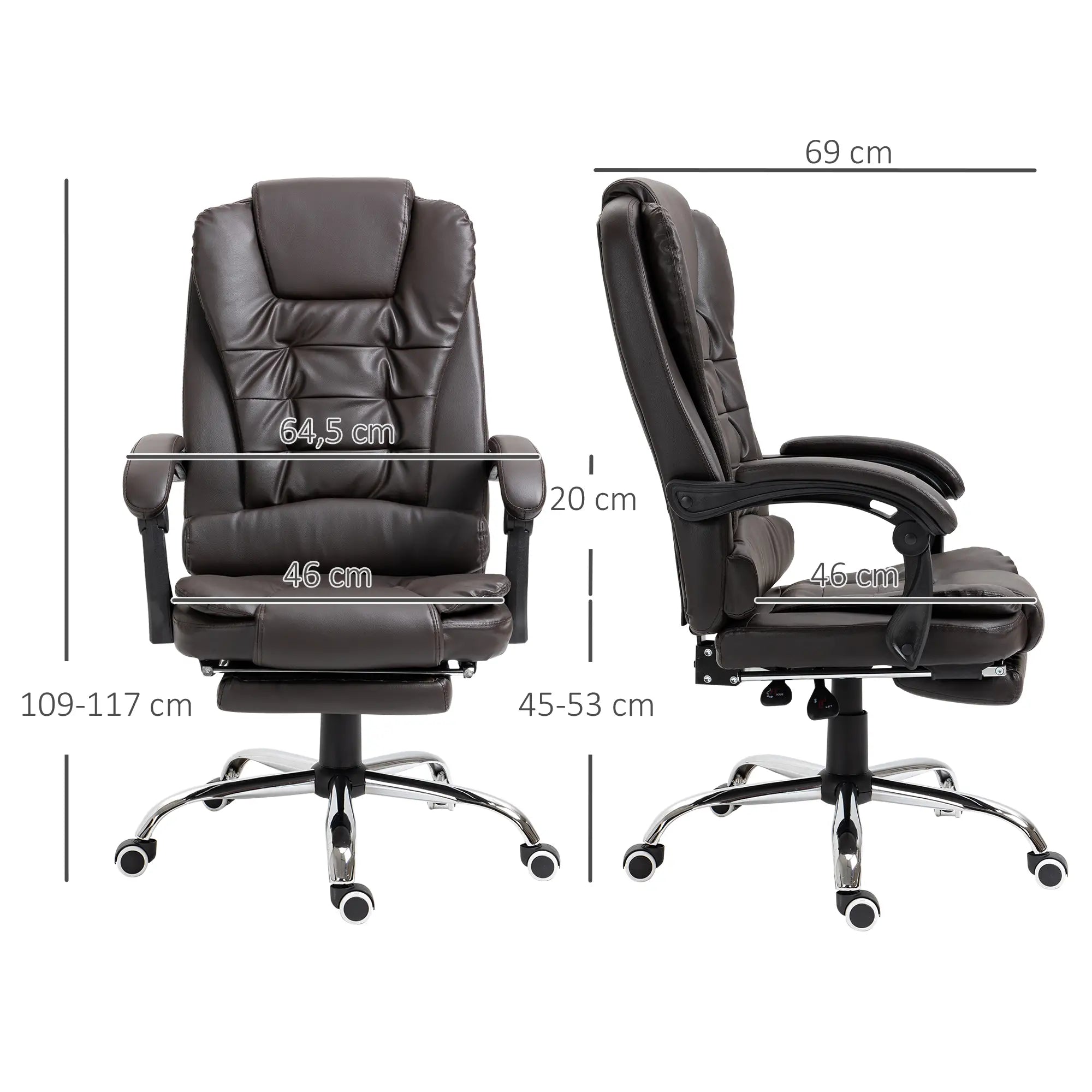 Cadeira de Escritório Reclinável Cadeira Executiva Giratória com Altura Ajustável Estofada em PU 64,5x69x109-117 cm castanha