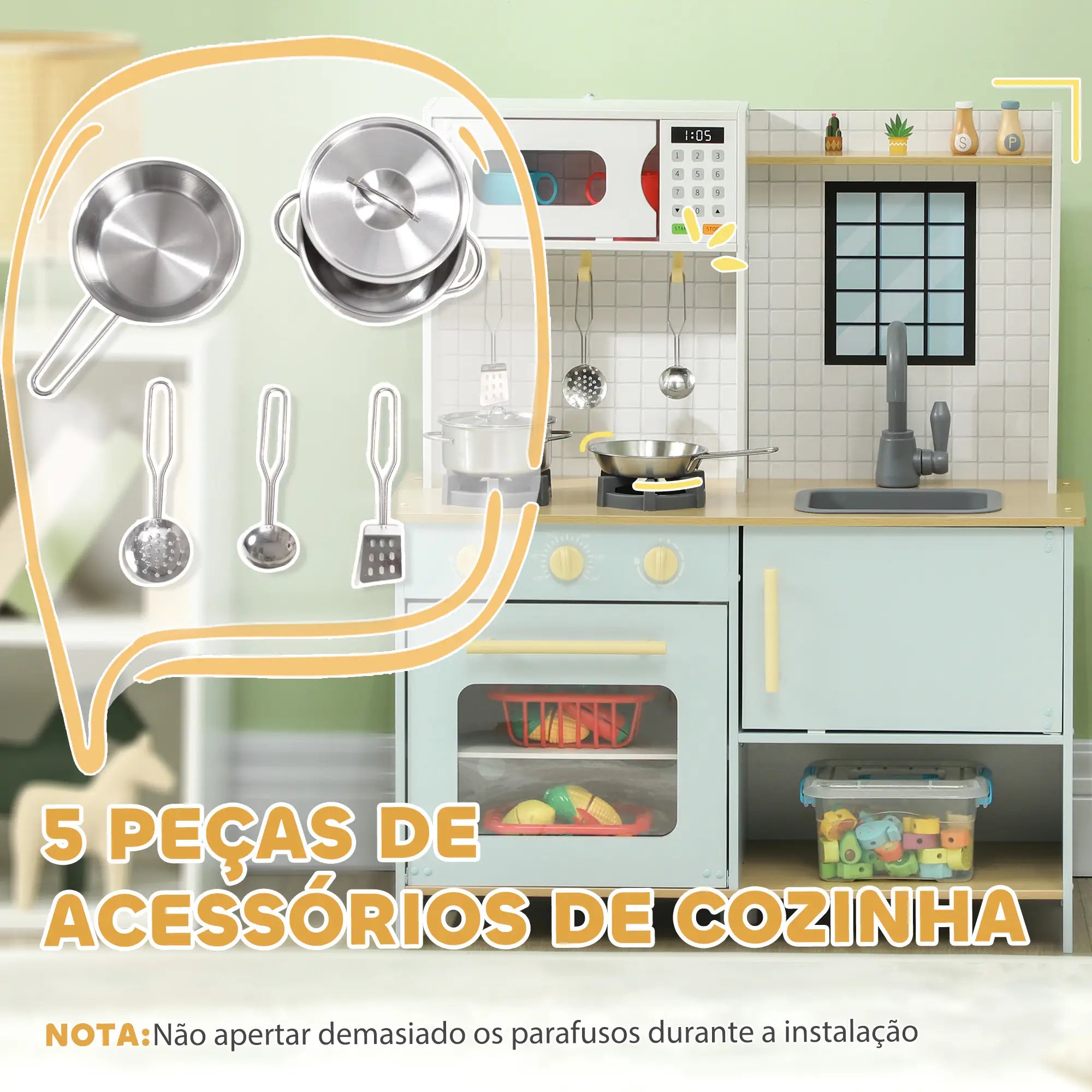 Cozinha de Madeira para Crianças Infantil com Acessórios Azul