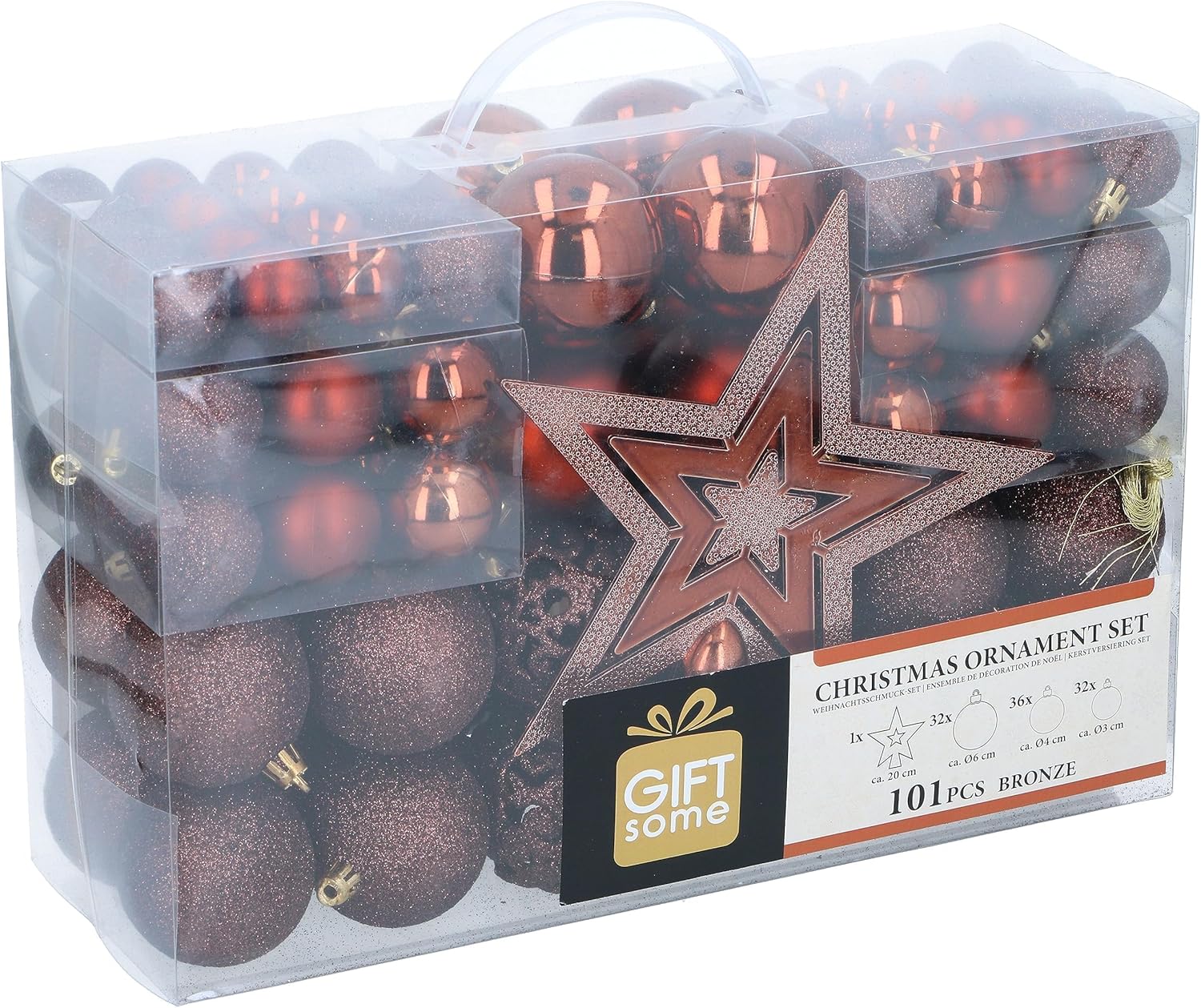 Giftsome 101 Bolas de Natal - enfeites natalícios bronze - decoração de Natal plástico - Ø 3/4/6 cm - para uso interior e exterior - mate, brilhante, brilhante e aberto
