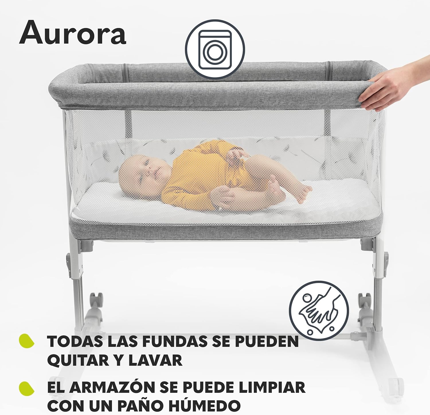 lionelo Aurora Berço de colecho 3 em 1 até 9 kg, berço de balanço, ajuste de altura e inclinação do colchão, 4 rodas com travão, colchão ergonómico, bolsa