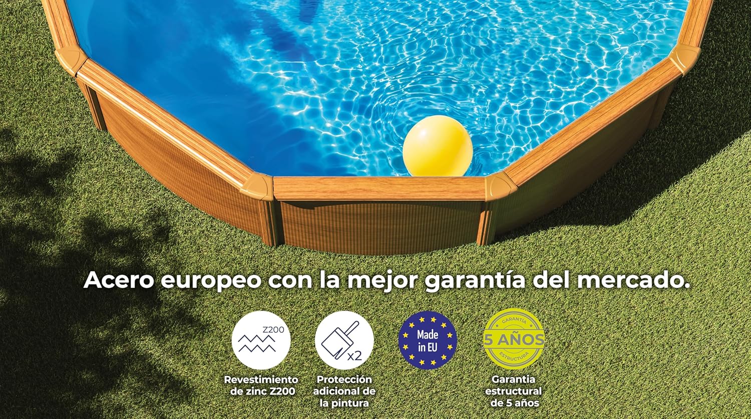 Gre KIT300W Piscina de aço elevada, redonda com aspeto de madeira, piscinas removíveis para jardim, 300 x 120 cm, pacífico
