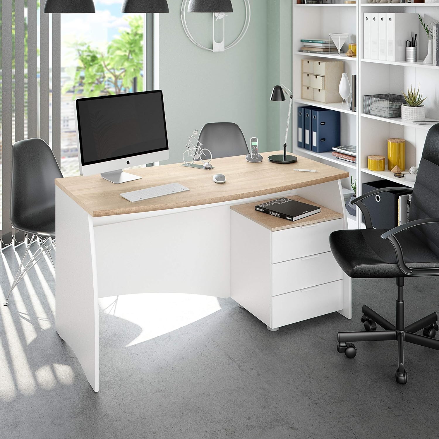 Habitdesign Mesa de Despacho con 3 Cajones, Mesa de Oficina o Estudio, Modelo Stil, Acabado en Balnco Artik y Roble Canadian, Medidas: 136 cm (Ancho) x 67 cm (Fondo) x 74 cm (Alto)