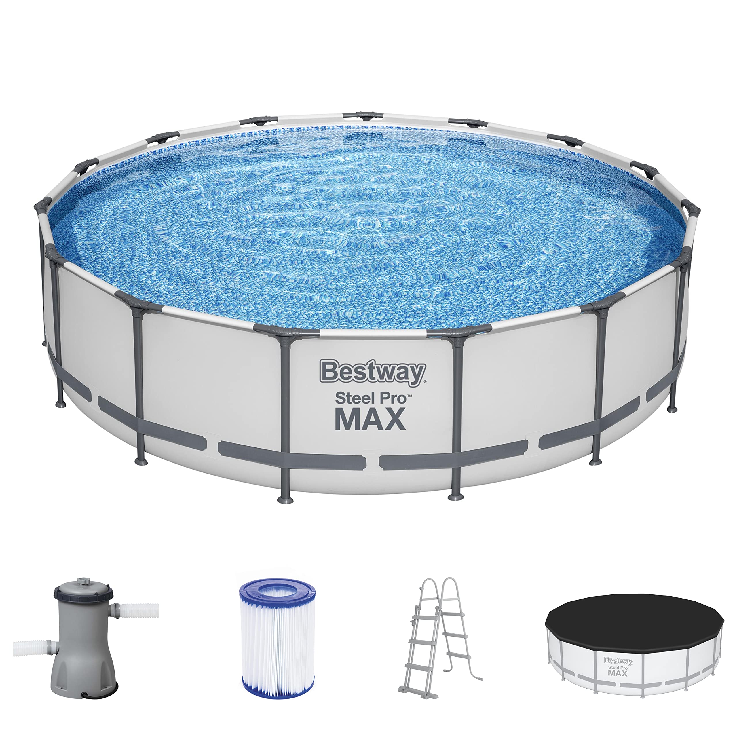 Bestway Steel Pro MAX Frame - Piscina Completa con Bomba de Filtro (diámetro 366 x 122 cm), Color Gris Claro