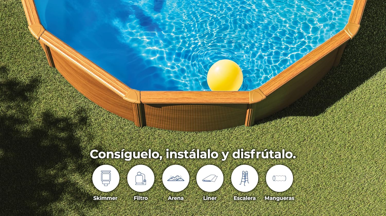 Gre KIT300W Piscina de aço elevada, redonda com aspeto de madeira, piscinas removíveis para jardim, 300 x 120 cm, pacífico