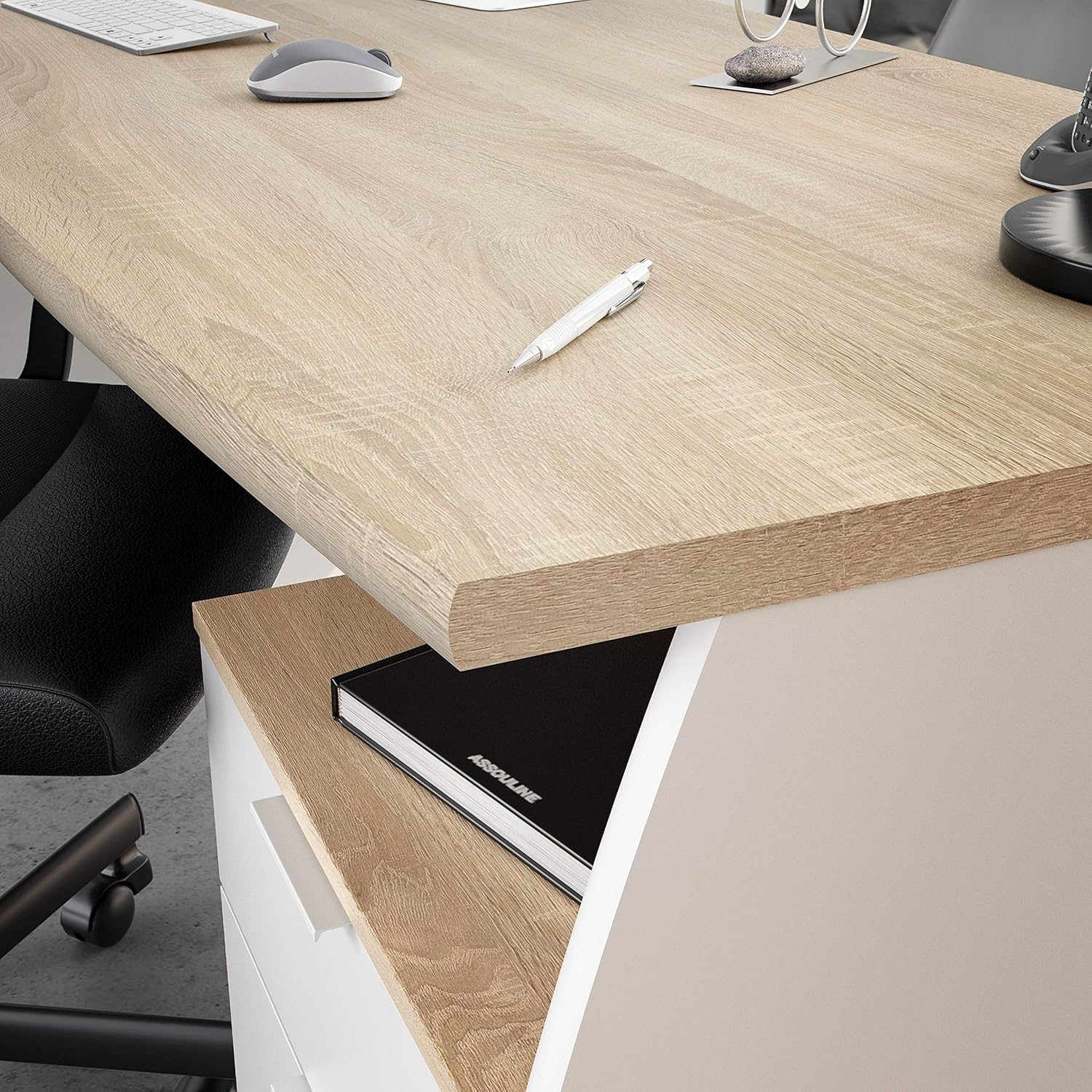 Habitdesign Mesa de Despacho con 3 Cajones, Mesa de Oficina o Estudio, Modelo Stil, Acabado en Balnco Artik y Roble Canadian, Medidas: 136 cm (Ancho) x 67 cm (Fondo) x 74 cm (Alto)