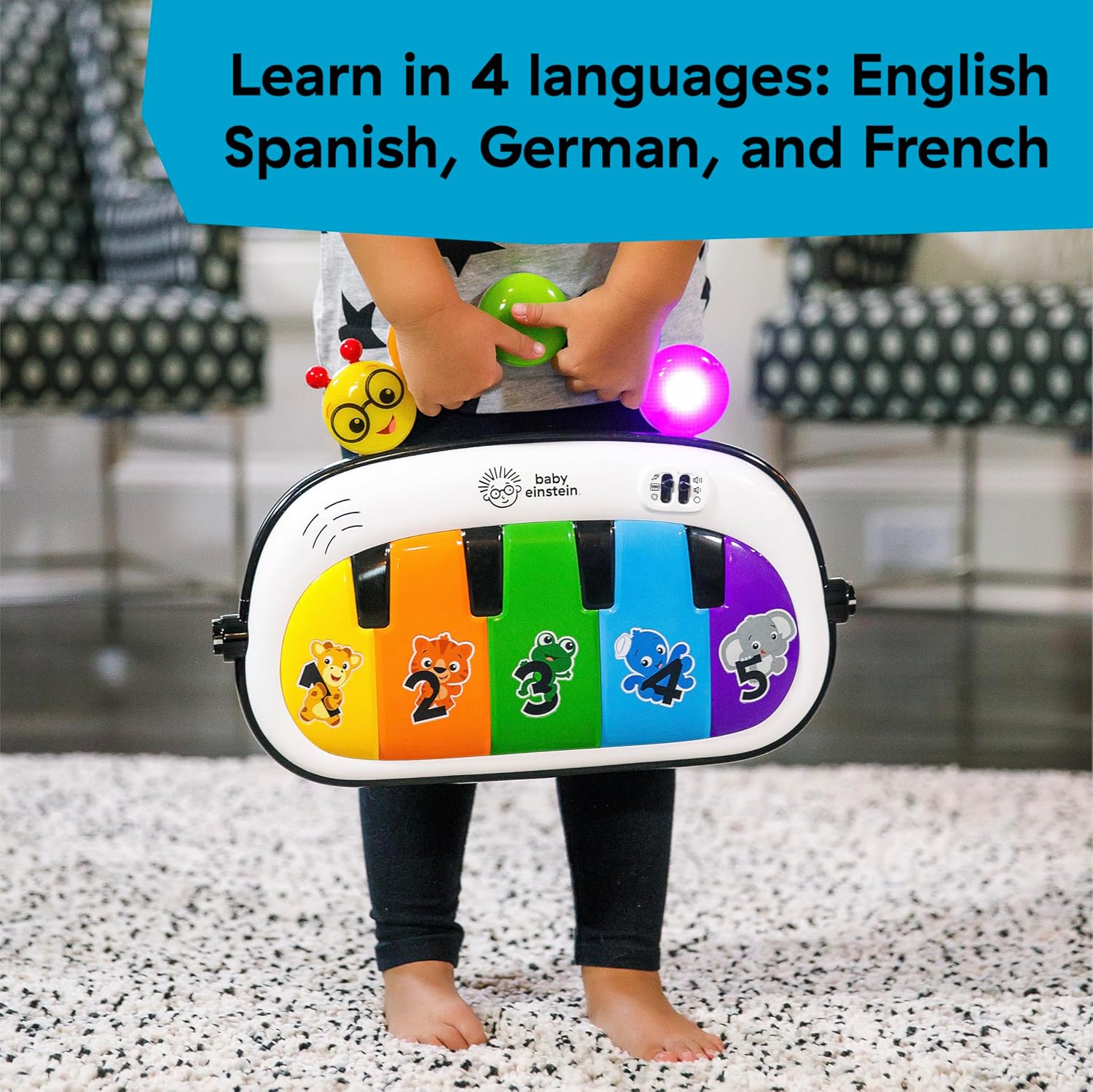 Baby Einstein, Gimansio de Actividades Musical para bebés 4en1 Kickin' Tunes con Piano, 70+ sonidos, 25+ min de música y luces, arco de juego, 7 juguetes extraíbles, 4 idiomas, desde recién nacido