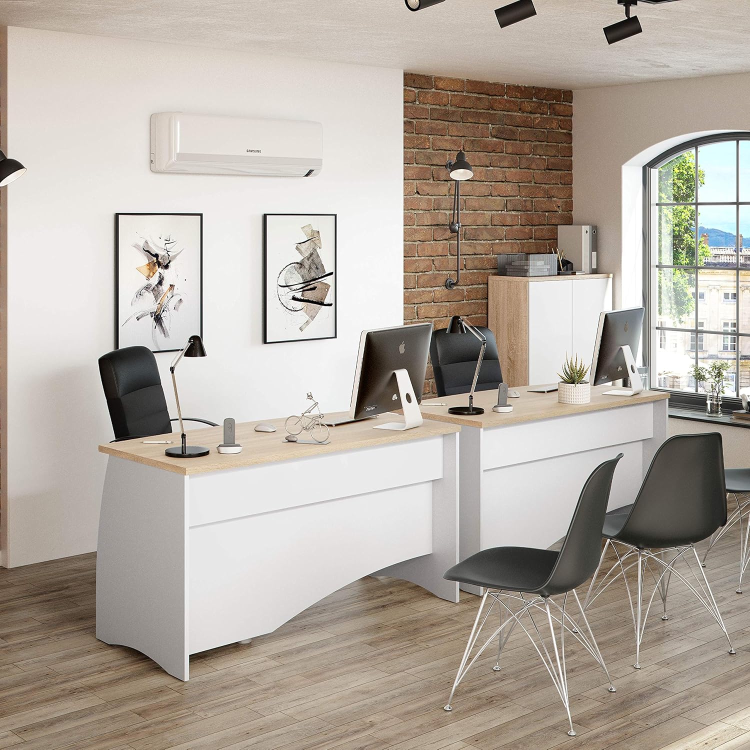 Habitdesign Mesa de Despacho con 3 Cajones, Mesa de Oficina o Estudio, Modelo Stil, Acabado en Balnco Artik y Roble Canadian, Medidas: 136 cm (Ancho) x 67 cm (Fondo) x 74 cm (Alto)