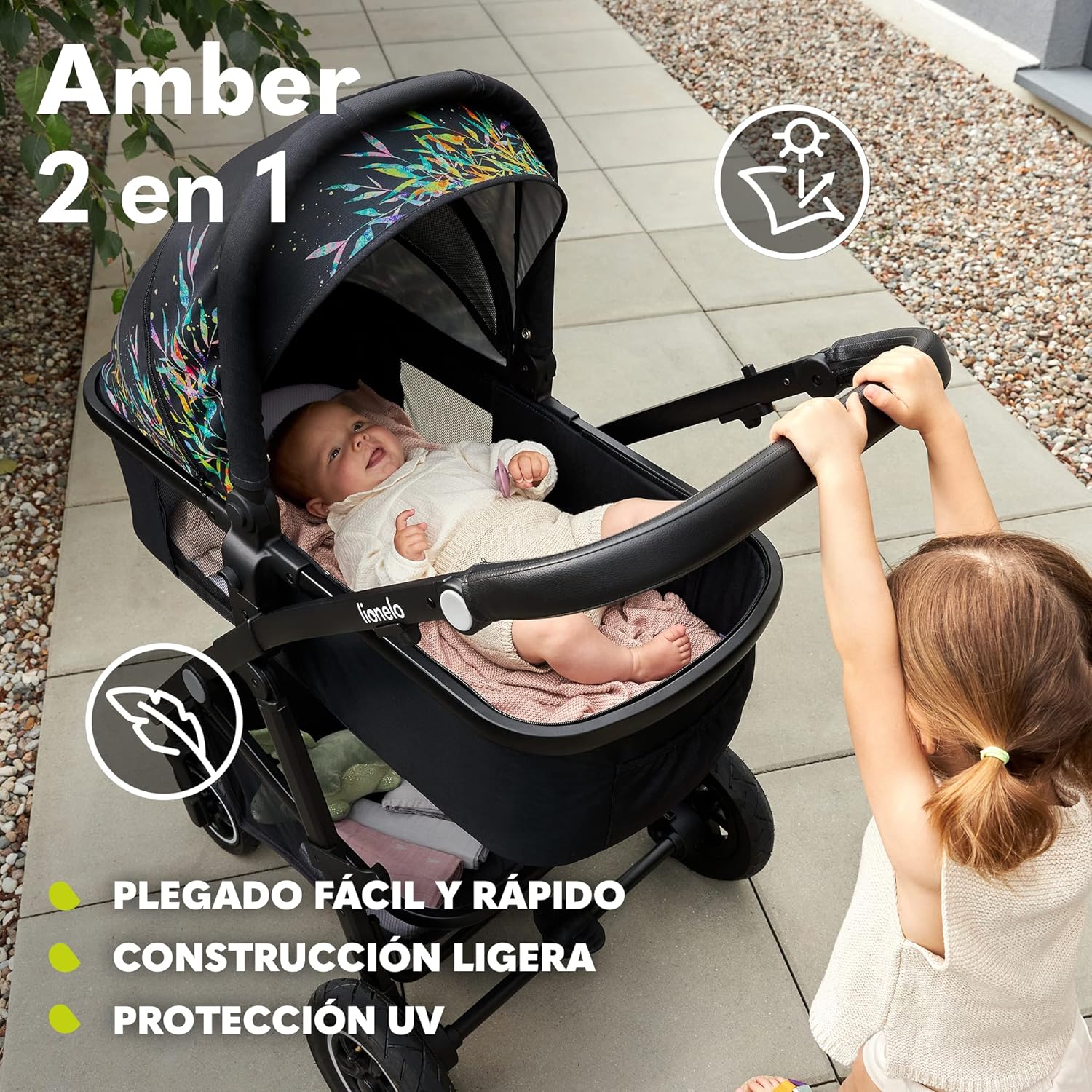 LIONELO Amber Carro de bebé multifuncional 2 em 1 conjunto carrinho de passeio com assento de cubo e tampa guiador ajustável bolsa mosquiteira protetor de chuva