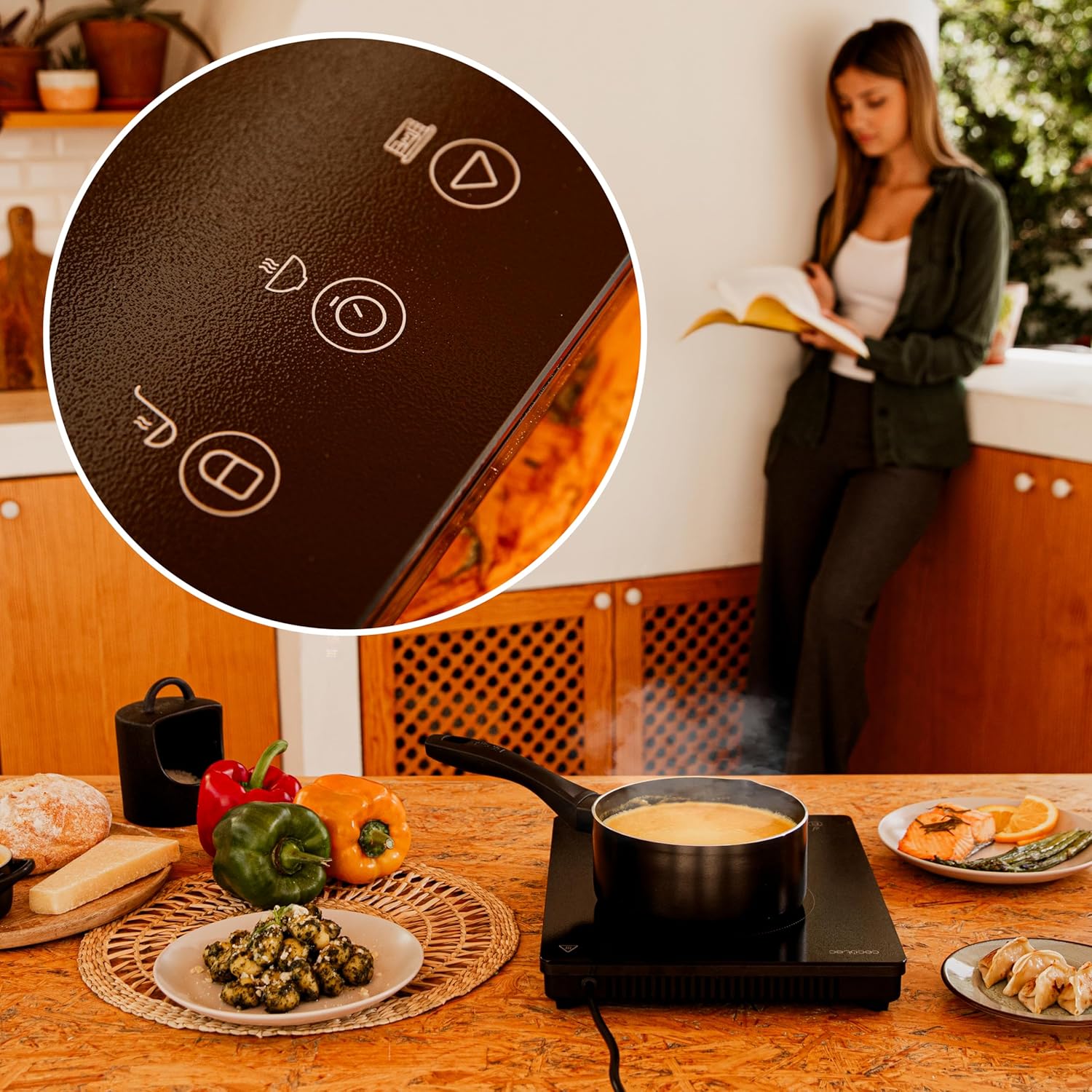 Cecotec Placa de indução portátil 1 fogo Full Magma Slim. 2000 W de potência em 8 níveis, design em vidro de alta resistência, ecrã tátil, temporizador, limpeza fácil