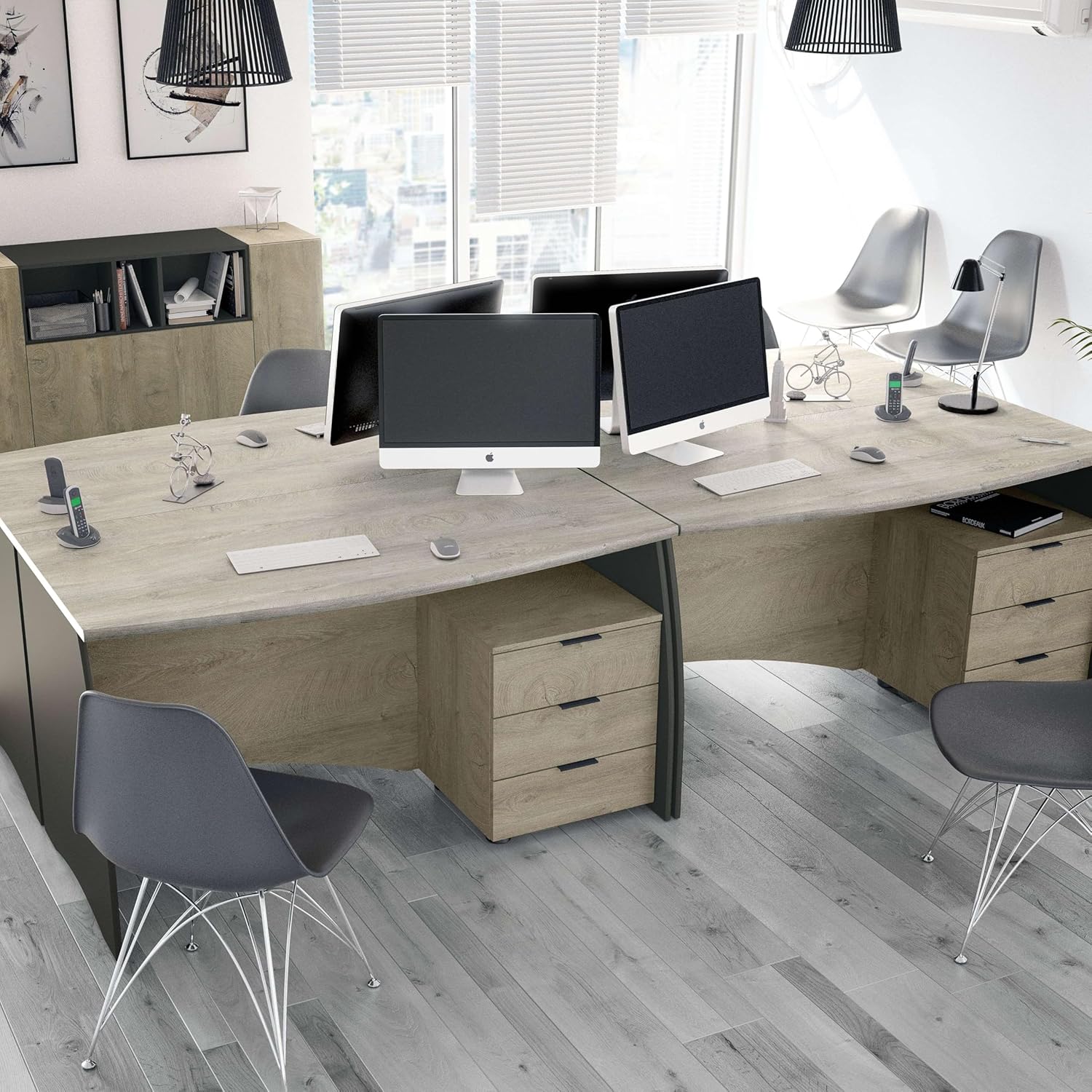 Habitdesign Mesa de escritório com 3 gavetas, mesa de escritório ou estúdio, modelo Stil, acabamento em cinzento antracite e carvalho Alasca, medidas: 136 cm (largura) x 67 cm (fundo) x 74 cm (altura)