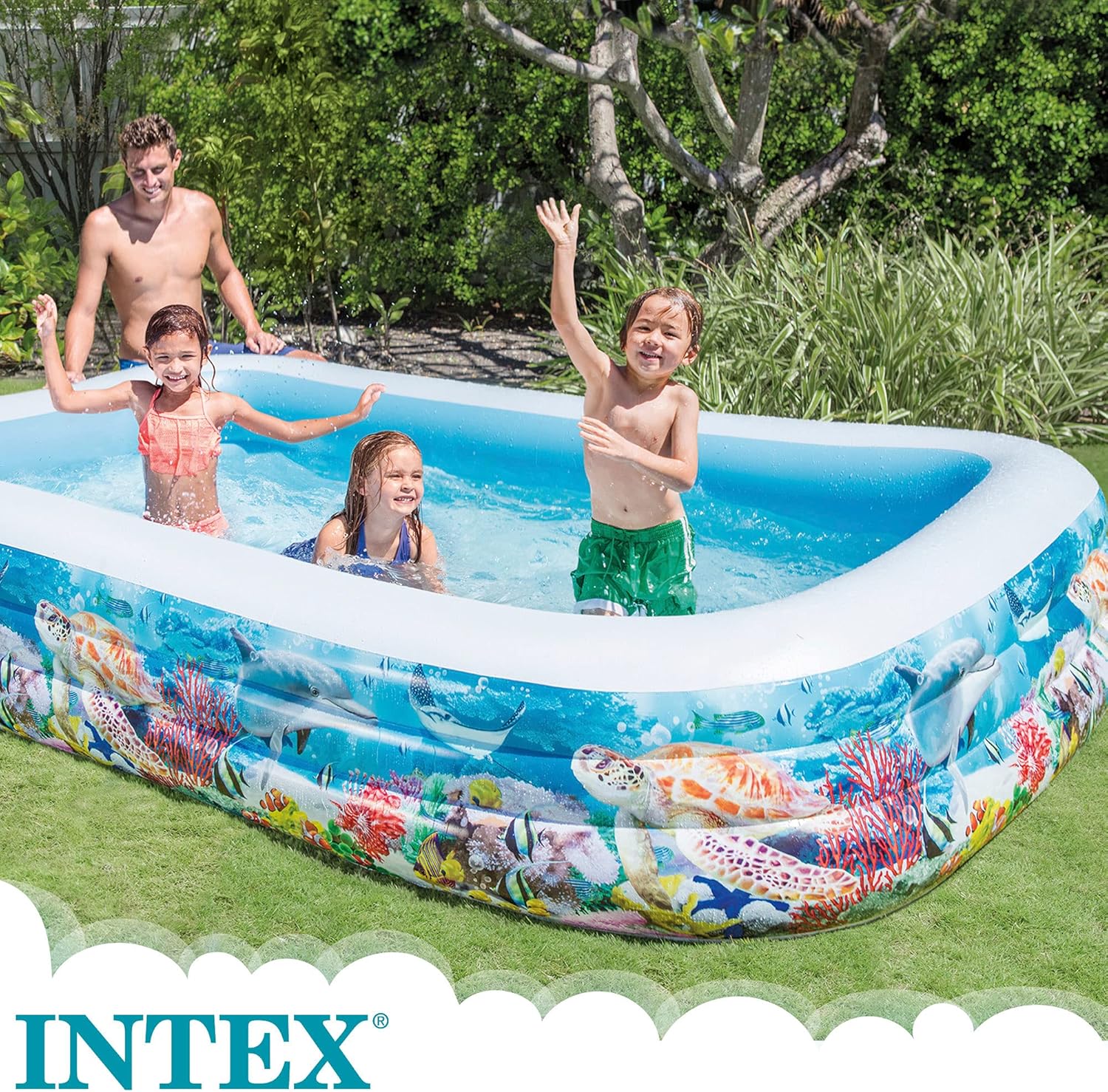Intex Piscina Hinchable Grande diseño océano, 305x183x56 cm, 1050 litros, 3 cámaras de Aire, Tapón de desagüe, Vinilo Resistente, Uso Exterior, Ideal jardín y Verano, Parche Incluido, +6 años (58485)
