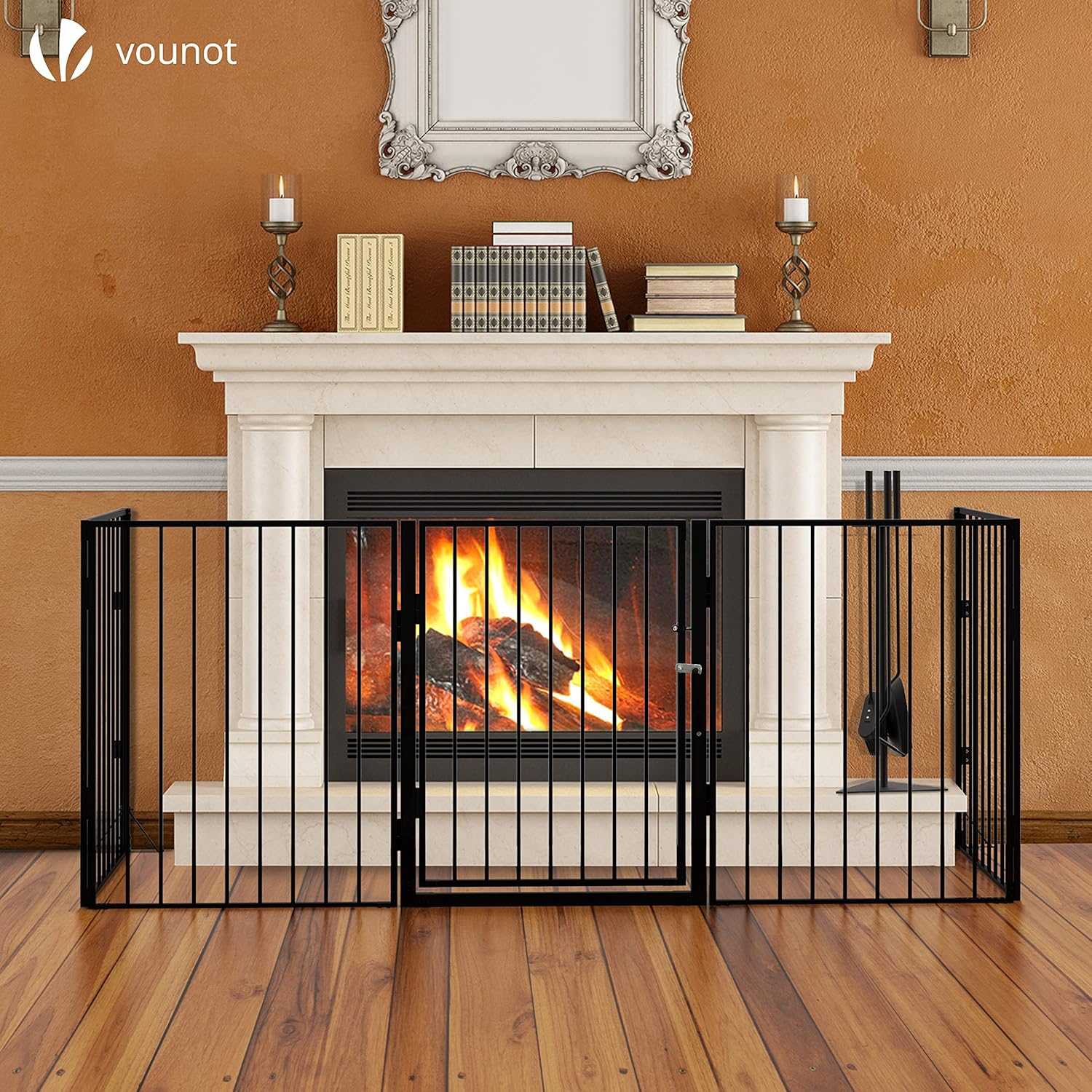 VOUNOT® Barreira de segurança para cães, cerca de segurança 5 painéis, grade de proteção de lareira montagem flexível, 300 x 75 cm, preto