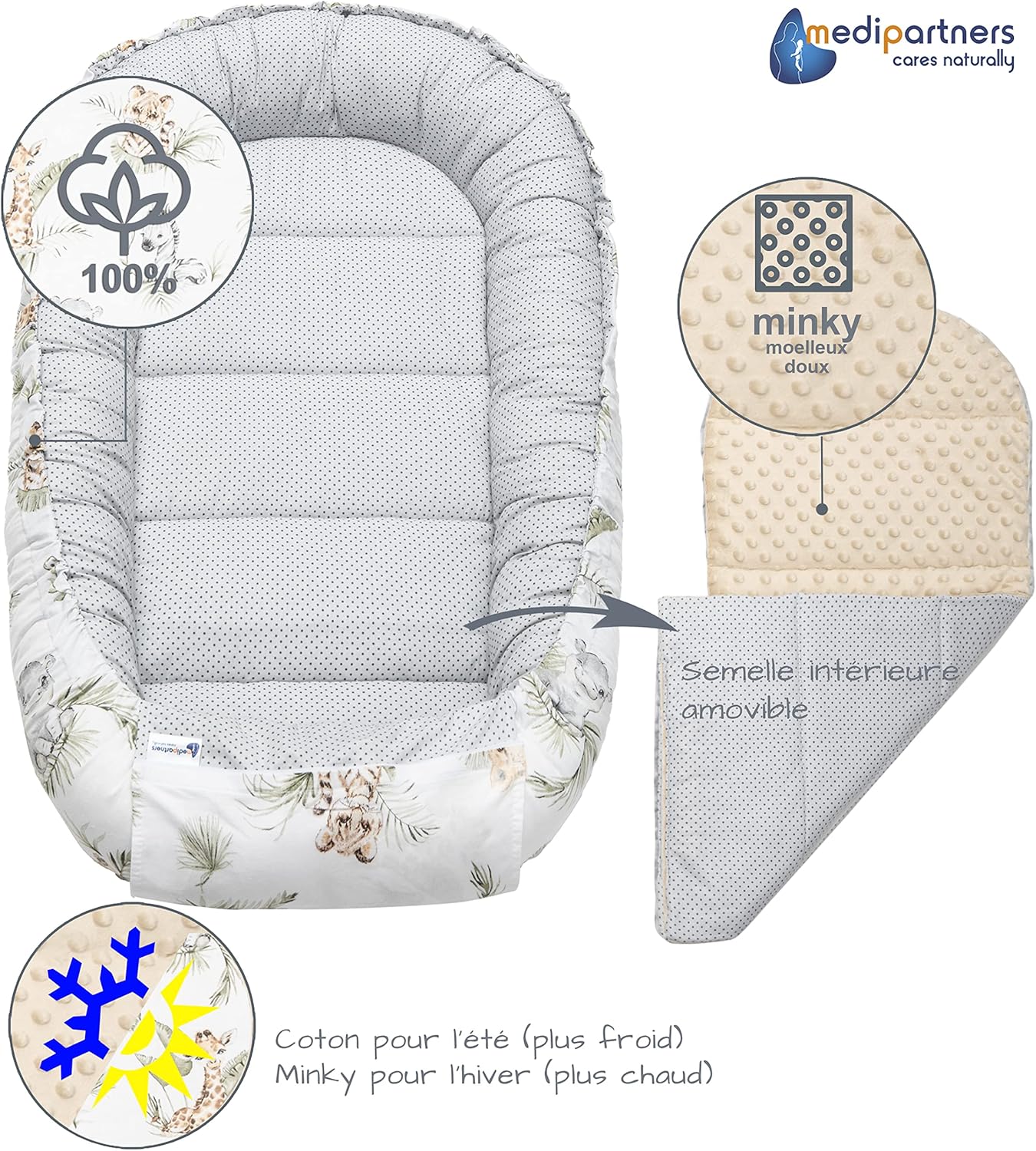 Medi Partners Ninho bebé recém-nascido redutor de berço, 100 x 60 x 15 conjunto de 5 peças bebés anticólicas bilateral portátil ou de viagem 100 % algodão (safari com Minky Bege)