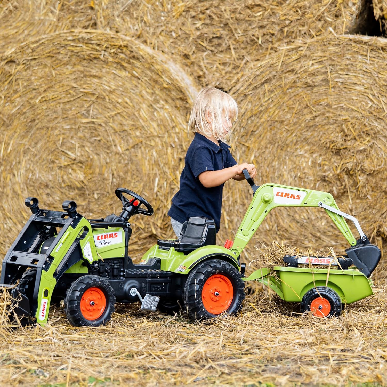 FALK - Retroescavadora de pedais de cera com escavadora e reboque - A partir de 2 anos - fabricada em França - pá dianteira articulada e escavadora - volante direcional com buzina - 2040N