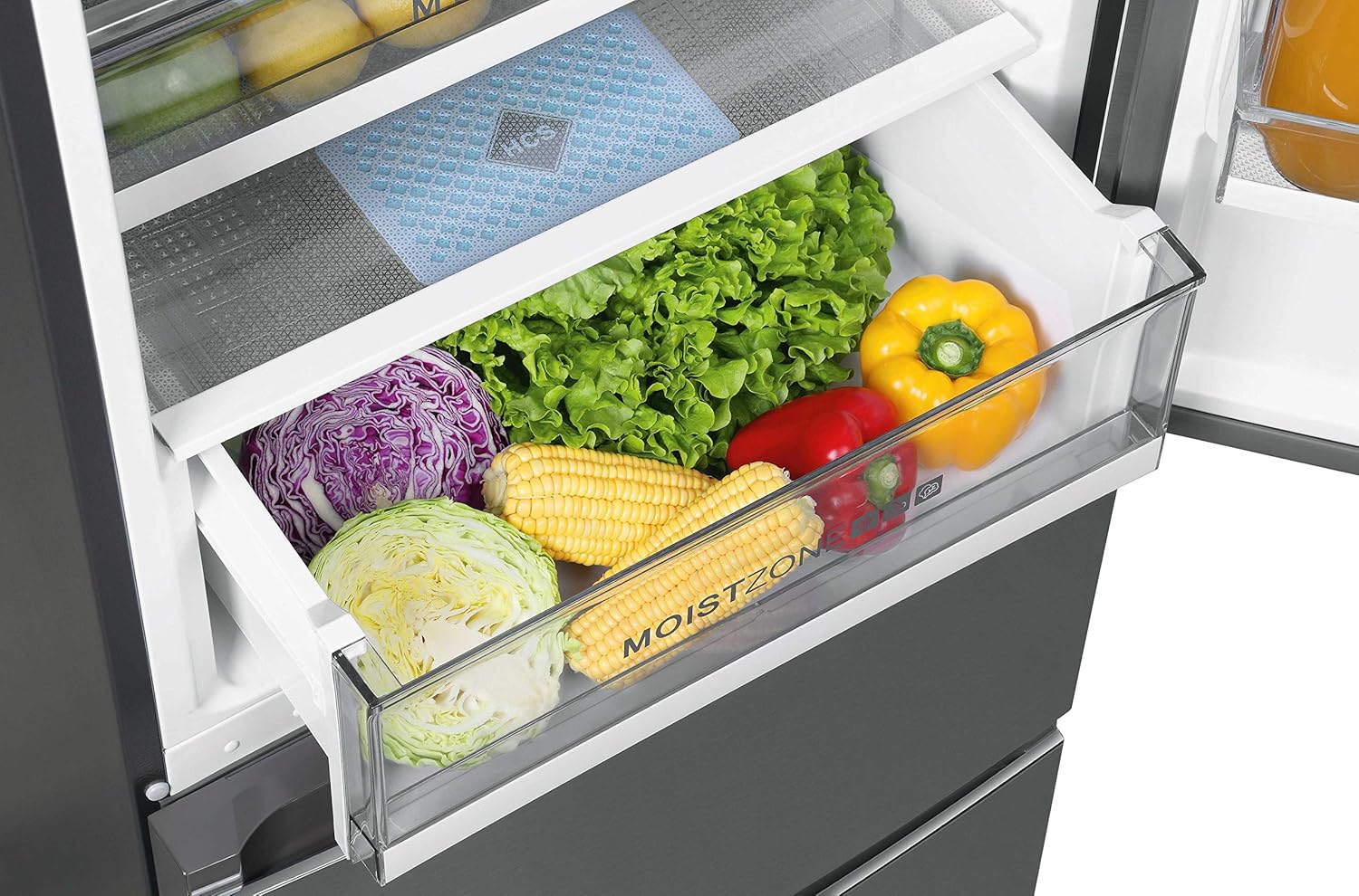 Haier 3D Frigorífico Combinado 3D, motor de inverno, gavetas Direct Access no congelador, garrafeiro, Humidity Zone, 371 l, total sem rost, classe D, inoxidável, largura: 60 cm, altura: 200 cm