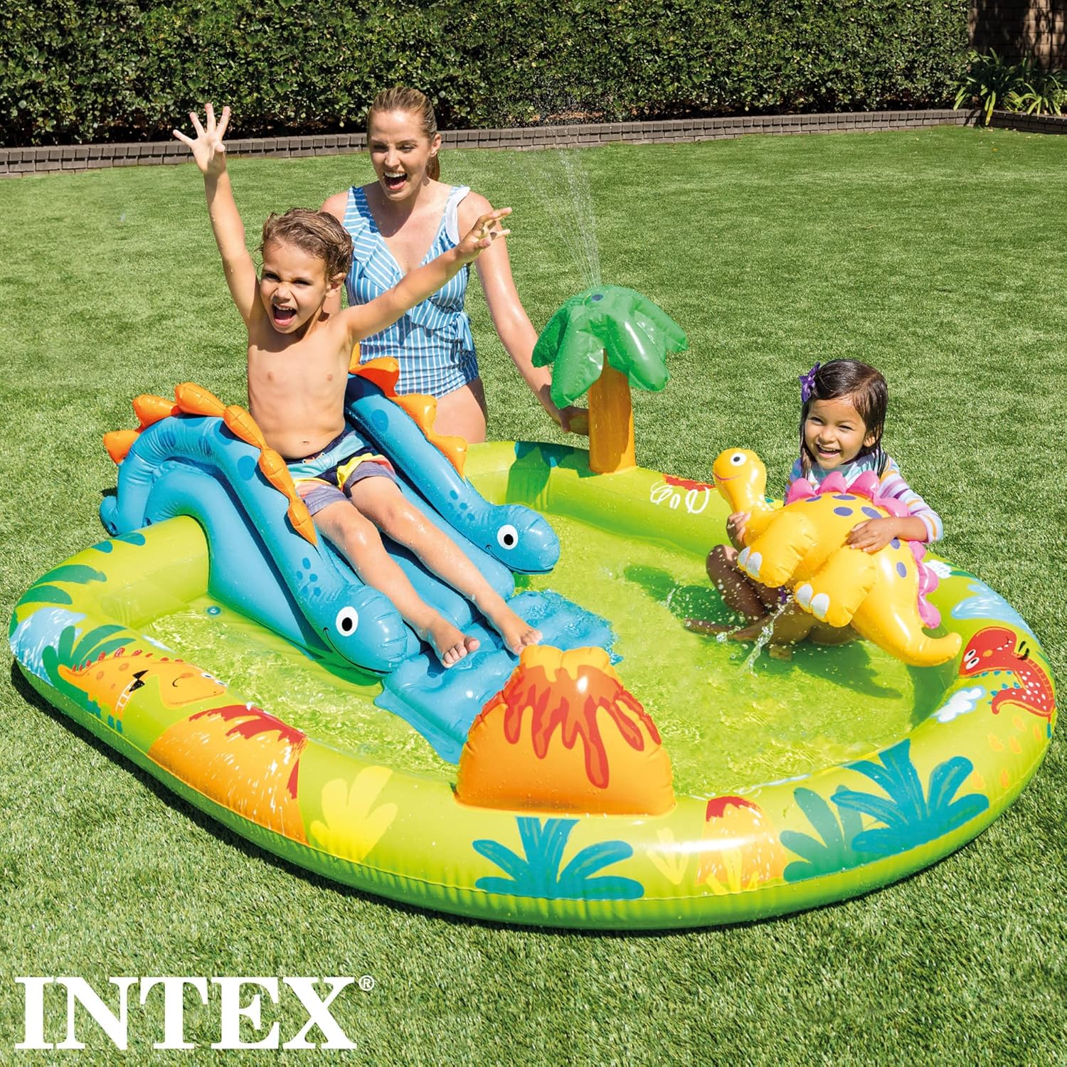 INTEX 57166 - Piscina infantil insuflável com dispersor de água e escorrega dinossauro, centro de jogos para crianças