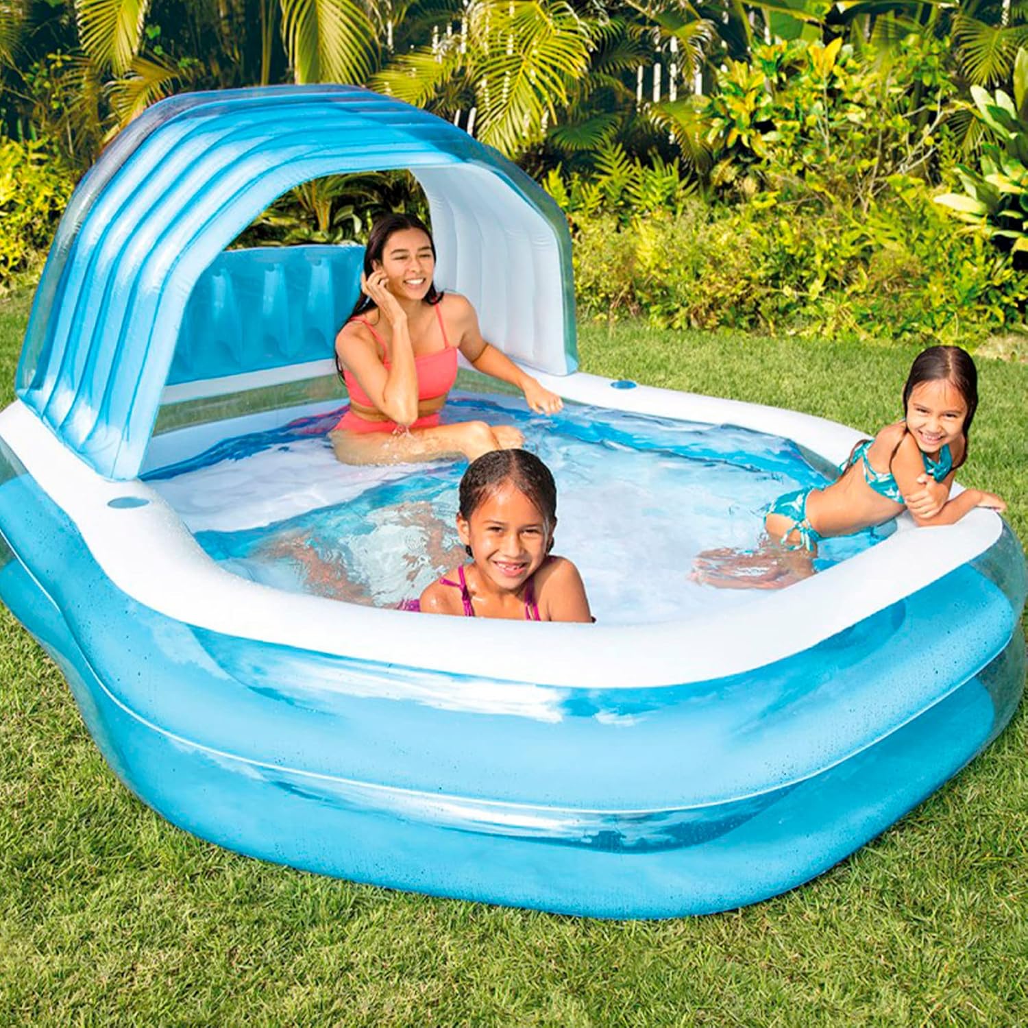 Intex Piscina insuflável infantil com toldo removível, piscina para crianças a partir dos 3 anos, inclui 2 suportes de bebidas, remendo de reparação e tampa de ralo, medidas 229 x 191 x 135 cm (57186)