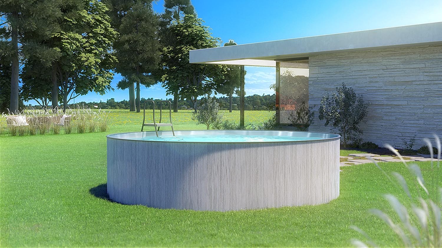 Steinbach Piscina de parede de aço New Splasher Secure 011002G, Ø 350 x 90 m, piscina redonda com aspeto de madeira, cinzento escuro e folha interior cinzenta, para até 7,800 litros de água, com