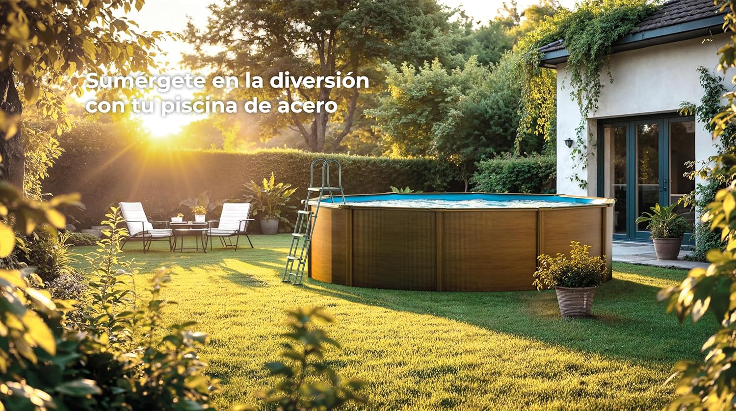 Gre KIT300W Piscina de aço elevada, redonda com aspeto de madeira, piscinas removíveis para jardim, 300 x 120 cm, pacífico