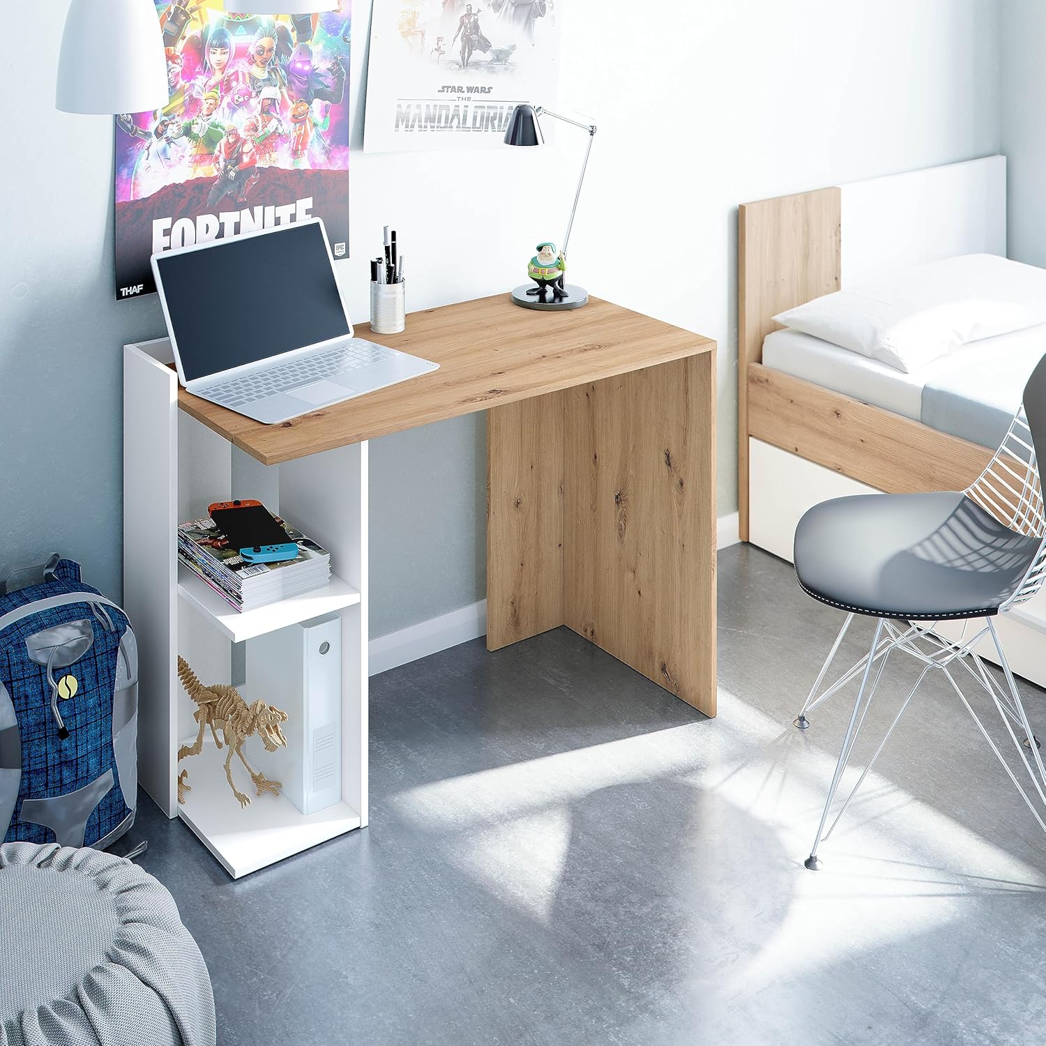 Mesa de estudo reversível com prateleiras, secretária, sistema de armazenamento, modelo Quénia, acabamento em cor carvalho Nodi e branco, medidas: 100 cm (comprimento) x 78 cm (altura) x 52 cm (fundo)