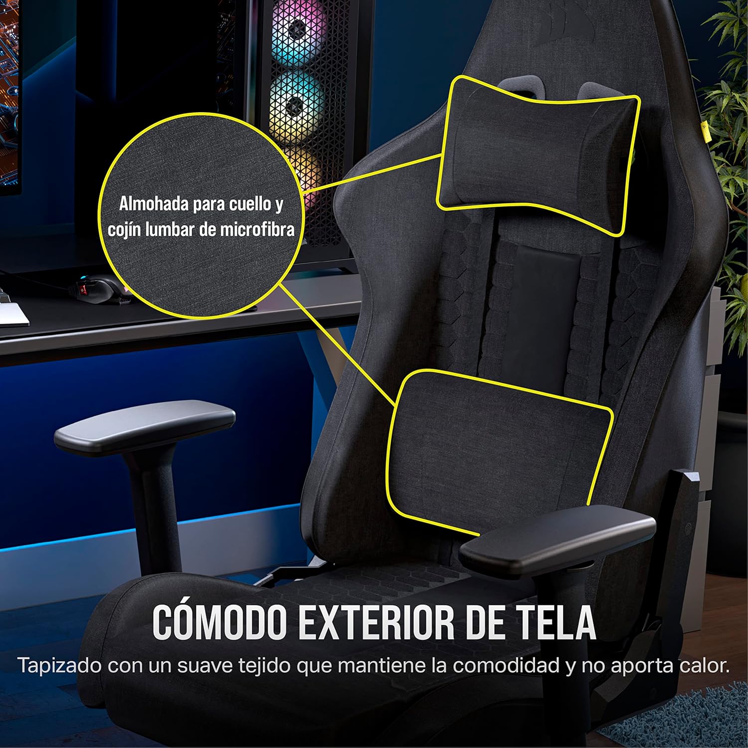 Corsair TC100 Cadeira relaxada para jogos - Fabric - design inspirado em corridas - almofada lombar - almofada cervical removível de espuma viscoelástico - apoios de braços ajustáveis - cinzento e