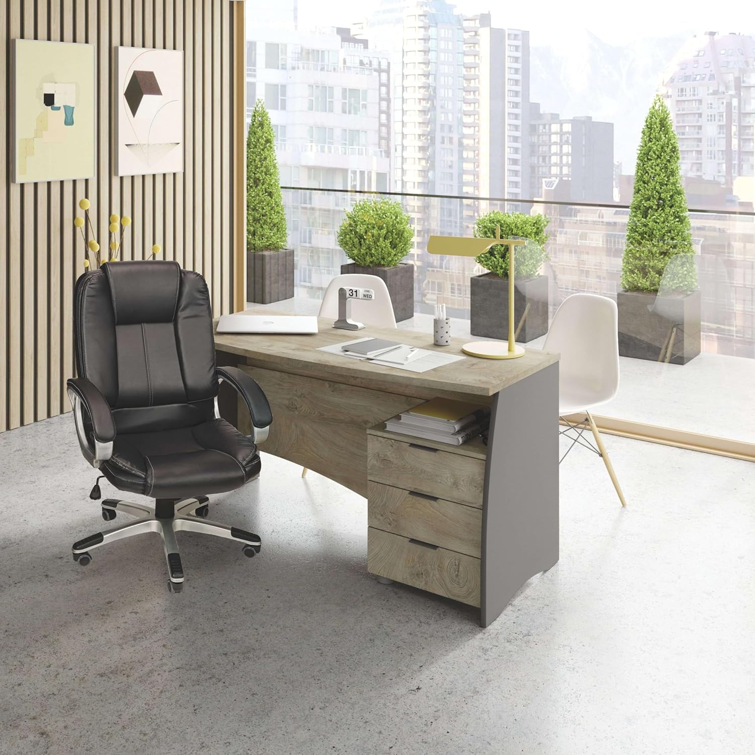 Habitdesign Mesa de escritório com 3 gavetas, mesa de escritório ou estúdio, modelo Stil, acabamento em cinzento antracite e carvalho Alasca, medidas: 136 cm (largura) x 67 cm (fundo) x 74 cm (altura)