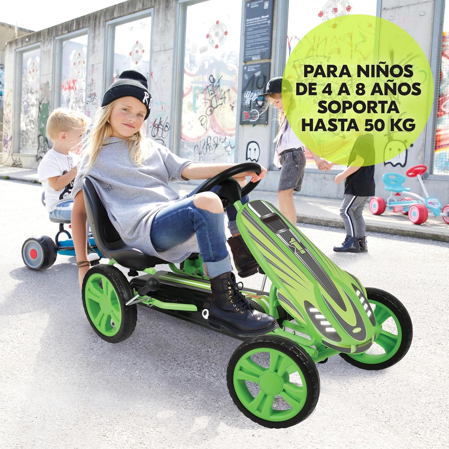 hauck Speedster Kart Pedais para crianças, Go Kart de 4 anos a 50 kg, travão de mão, assento ajustável em 3 posições, moldura de aço