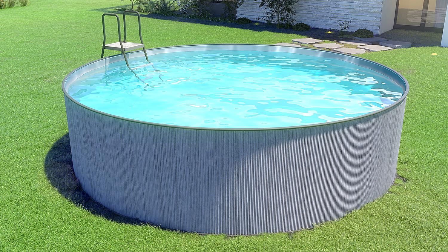 Steinbach Piscina de parede de aço New Splasher Secure 011002G, Ø 350 x 90 m, piscina redonda com aspeto de madeira, cinzento escuro e folha interior cinzenta, para até 7,800 litros de água, com