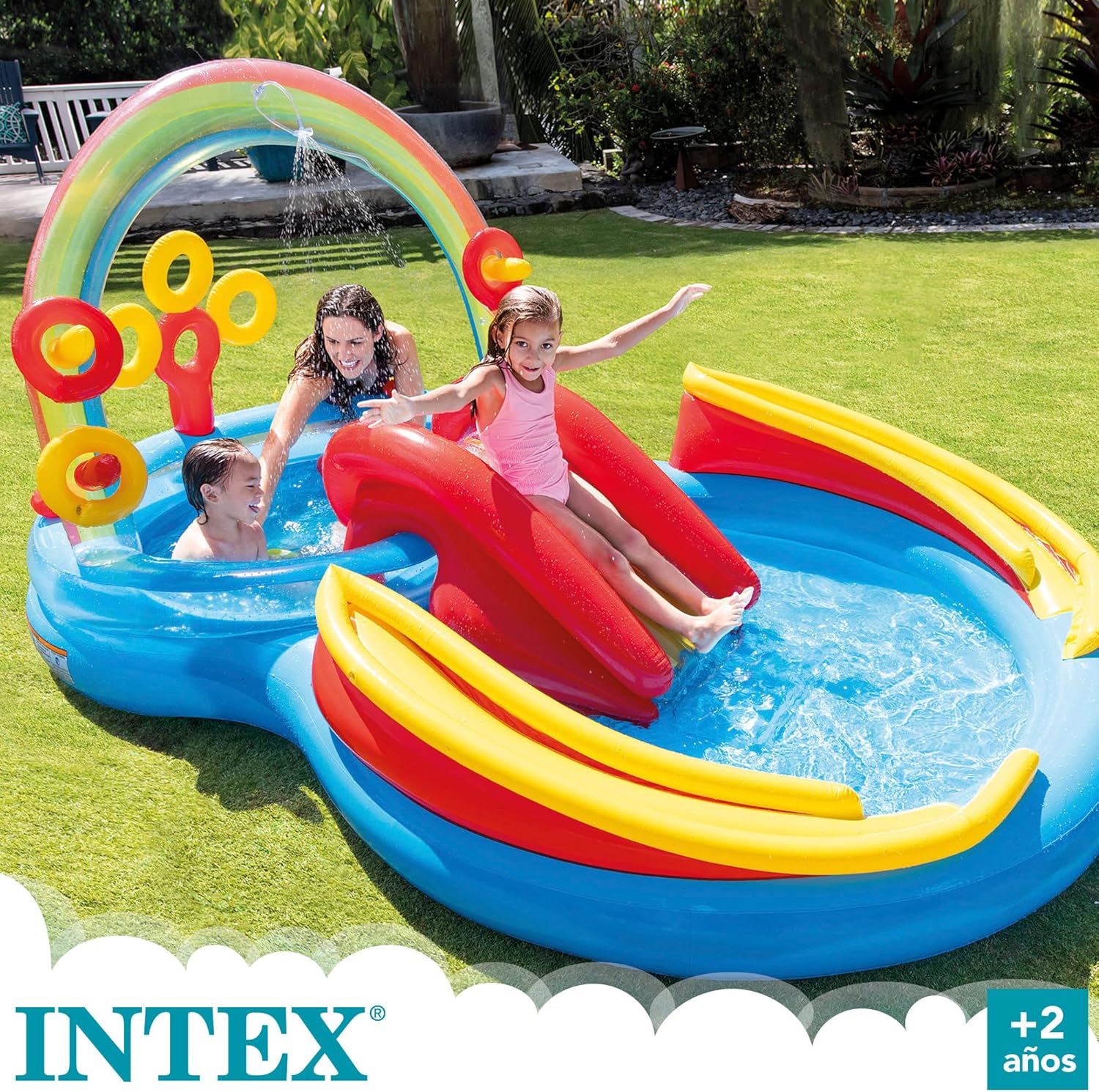 Intex 57453NP — Piscina insuflável com atividades arco-íris 297 x 193 x 135 cm, 206 e 175 litros