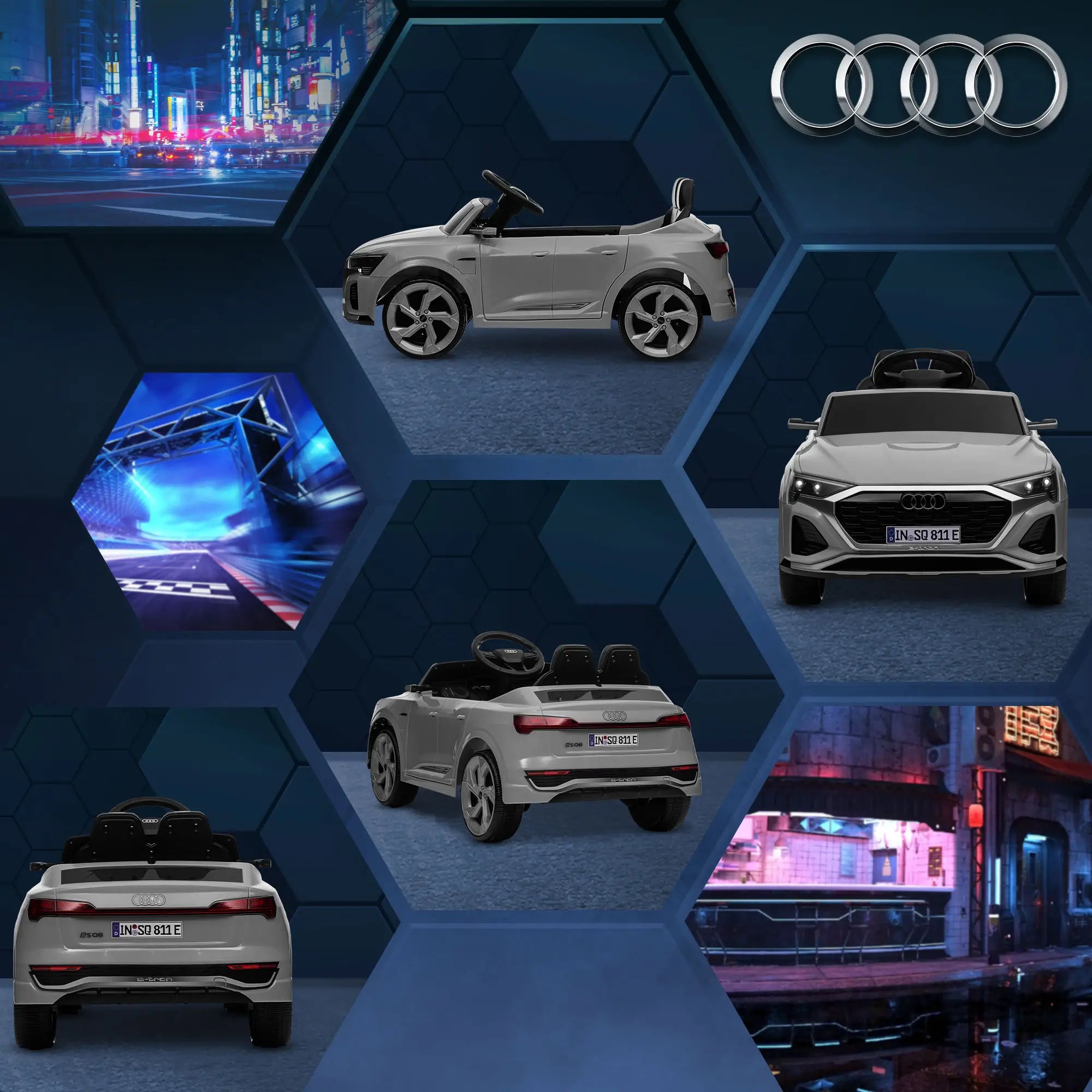 Carro Elétrico para Crianças Carro Audi Q8 Etron Sportback Infantil 12V Faróis Buzina e Música 98x49,5x43 cm Cinza