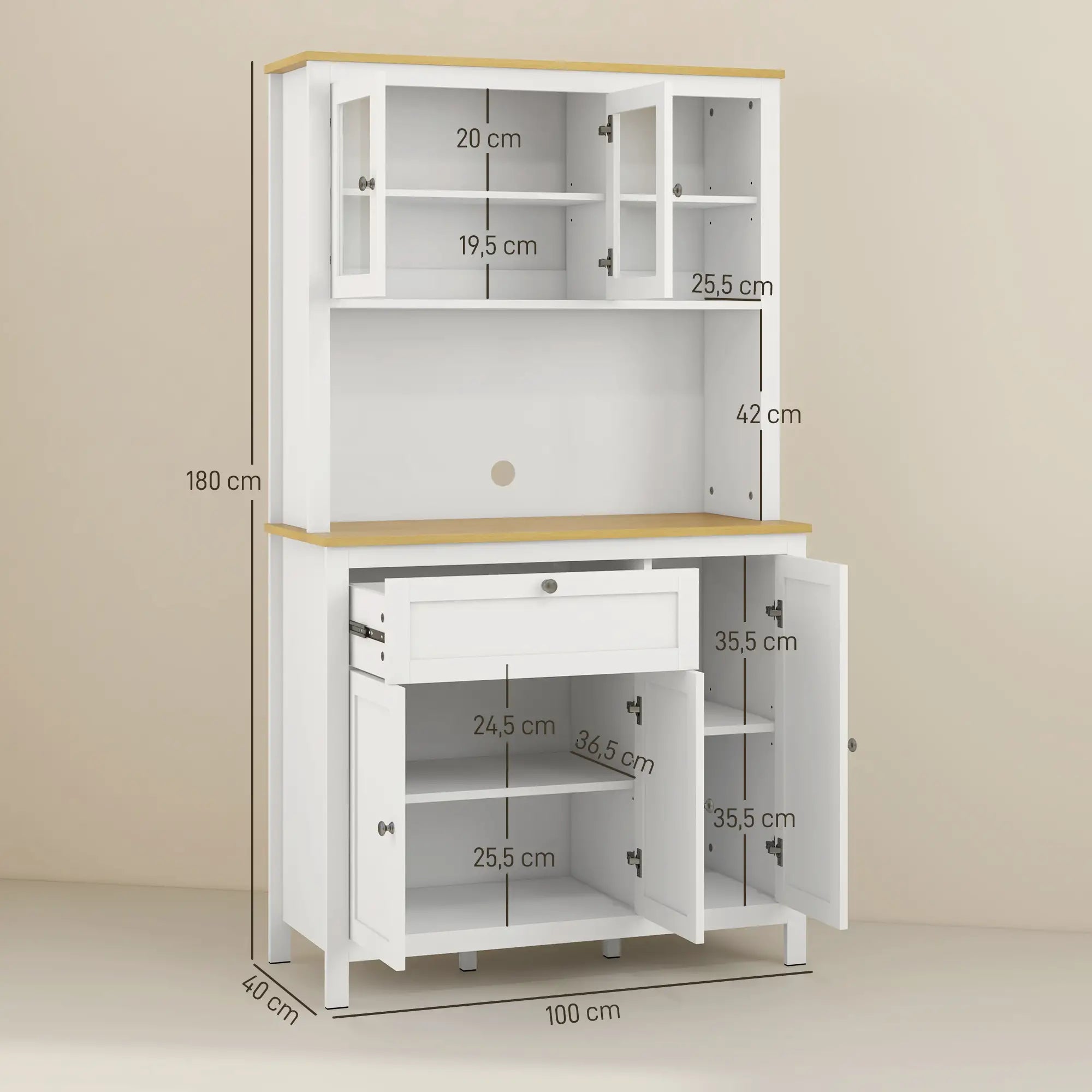 Armário de Cozinha com 5 Portas Prateleiras Ajustáveis Gaveta e Bancada para Micro-Ondas 100x40x180 cm Branco e Madeira