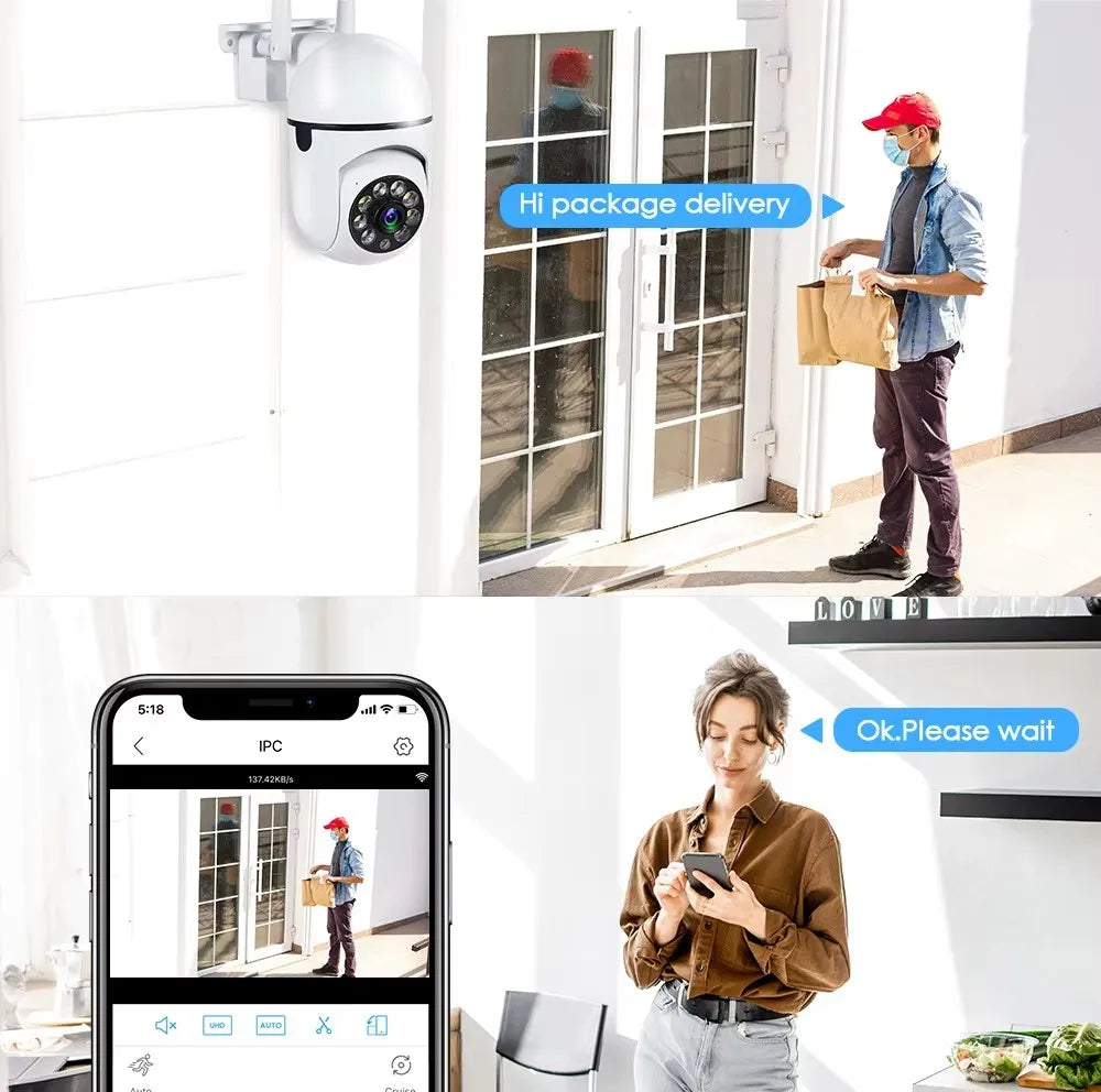 Câmara de vigilância de segurança sem fios IP Wi-Fi de 8 MP PTZ Câmaras com zoom de 4X Rastreio Áudio bidirecional Câmara a cores noturna HD